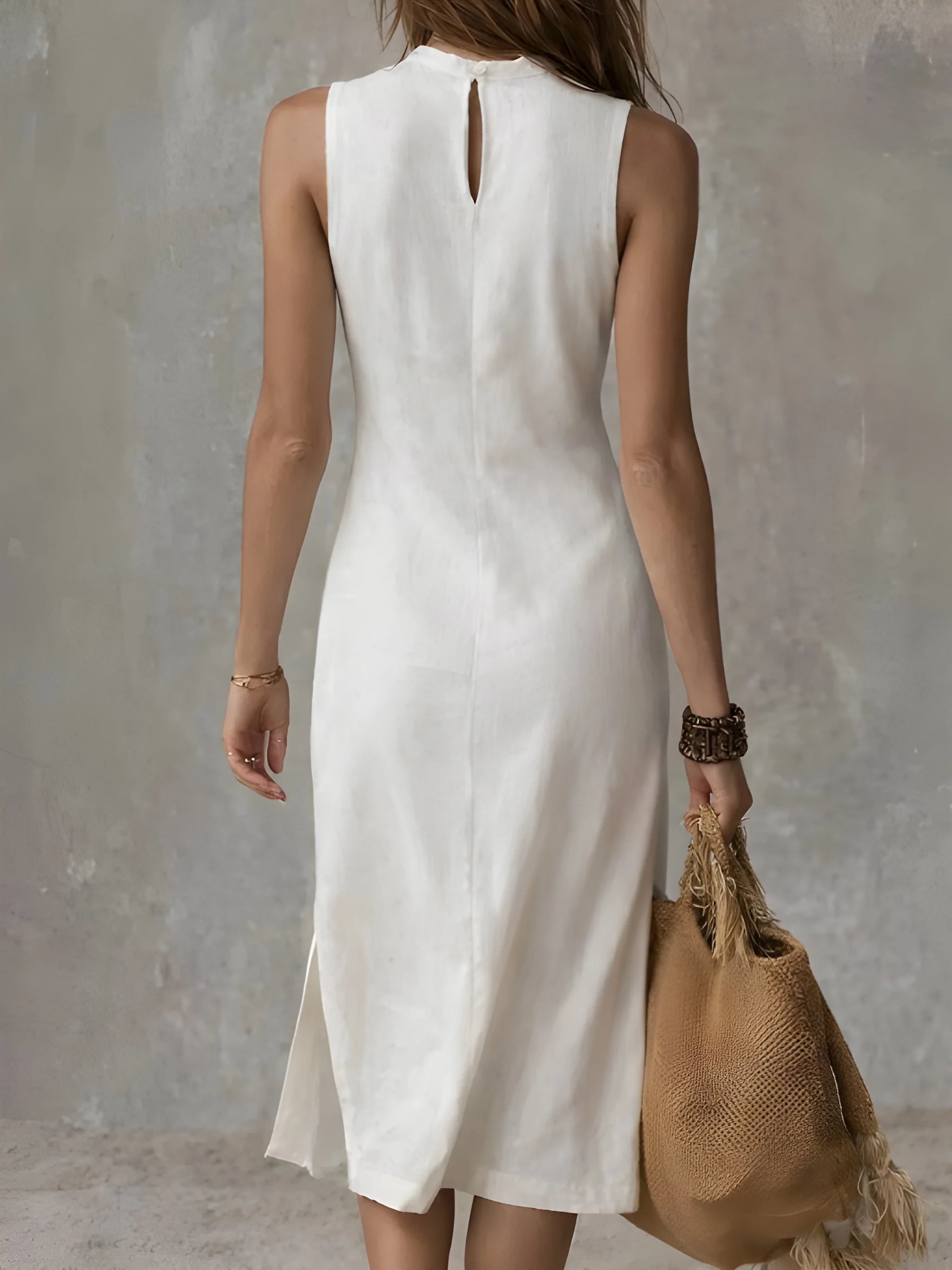 Women's Elegant Casual Midi Summer Dress with High Neck and Slit