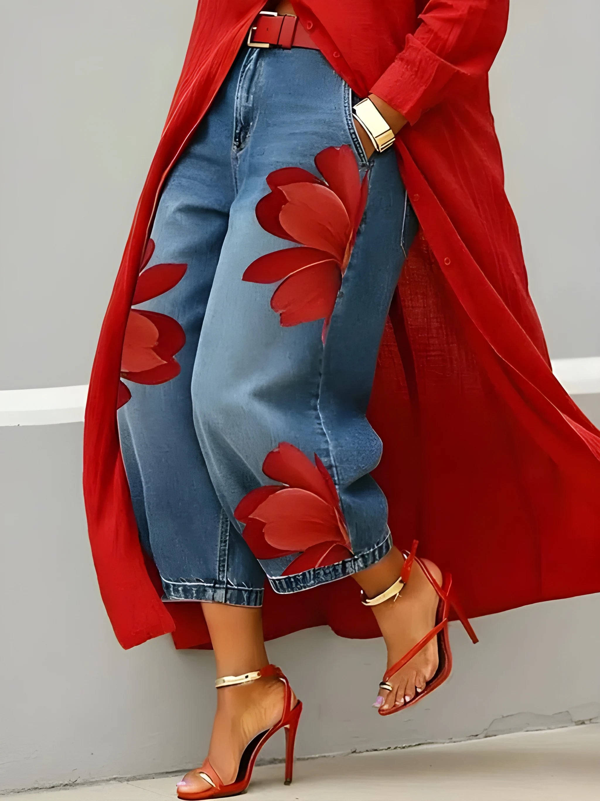 Women's Elegant Floral Midi Shirt Dress with Jeans