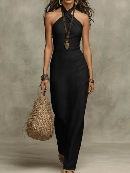 Women's Elegant Flowy Maxi Summer Dress with Halter Neck