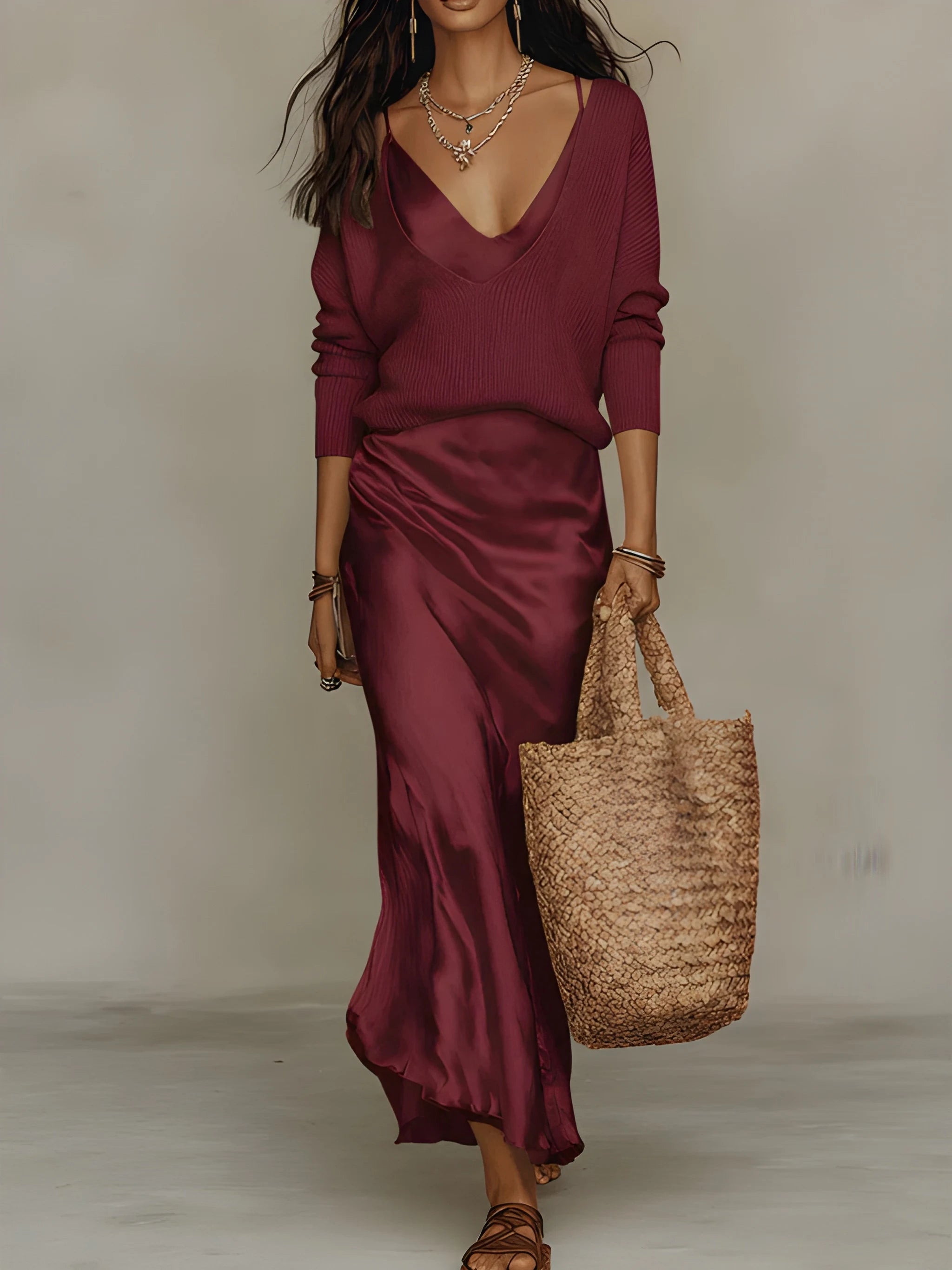 Women's Elegant Flowy Midi Summer Dress with Sweater Set