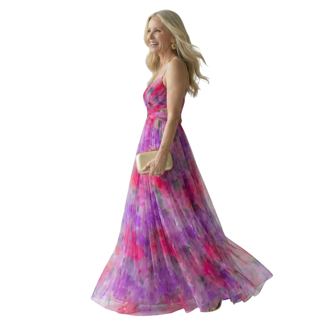 Women's Floral Maxi Wedding Guest Dress with Sweetheart Neckline and Tulle