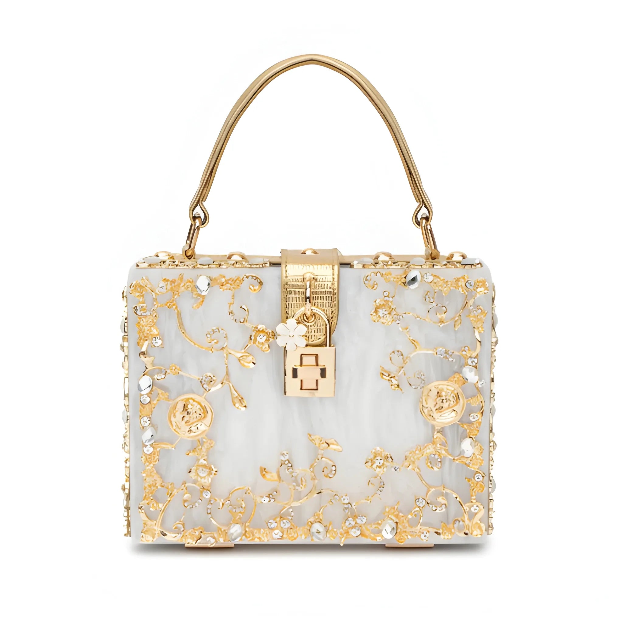 Women's Structured Hand Bag with Floral Embellishments and Top Handle