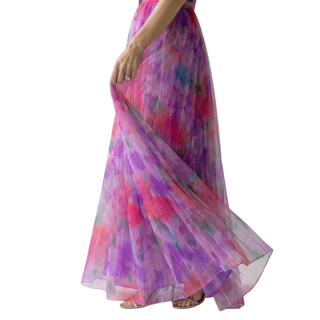 Women's Floral Maxi Wedding Guest Dress with Sweetheart Neckline and Tulle