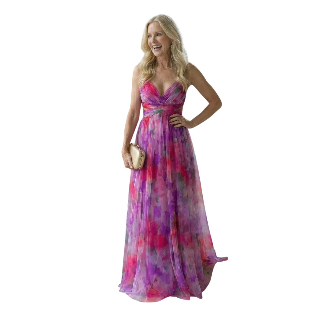 Women's Floral Maxi Wedding Guest Dress with Sweetheart Neckline and Tulle