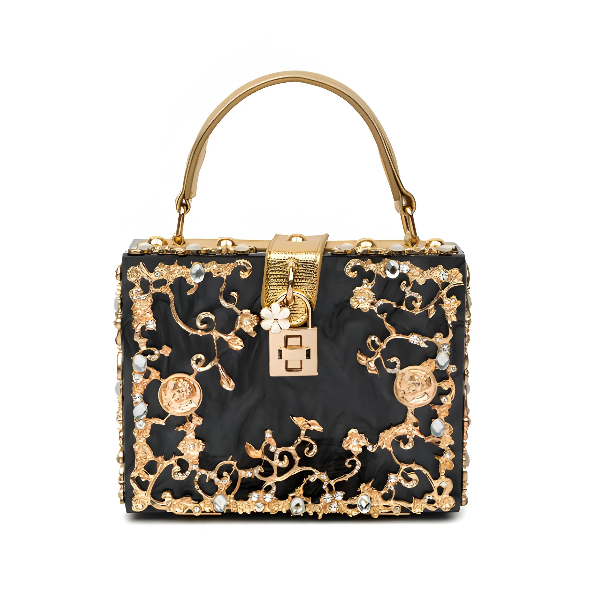 Women's Structured Hand Bag with Floral Embellishments and Top Handle