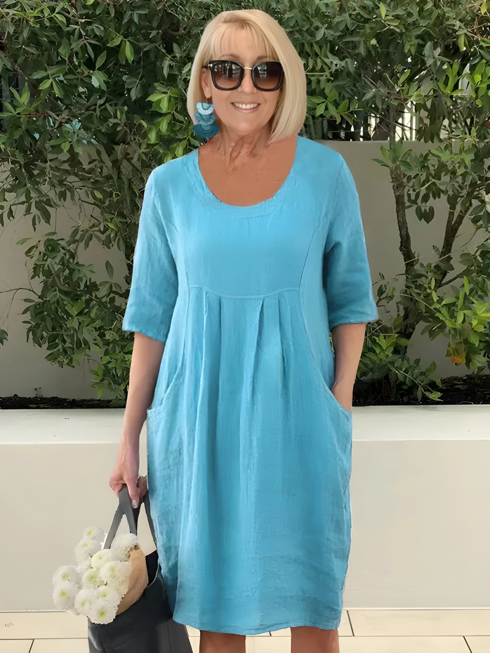 Women's Casual Flowy Midi Summer Dress with Pleated Front