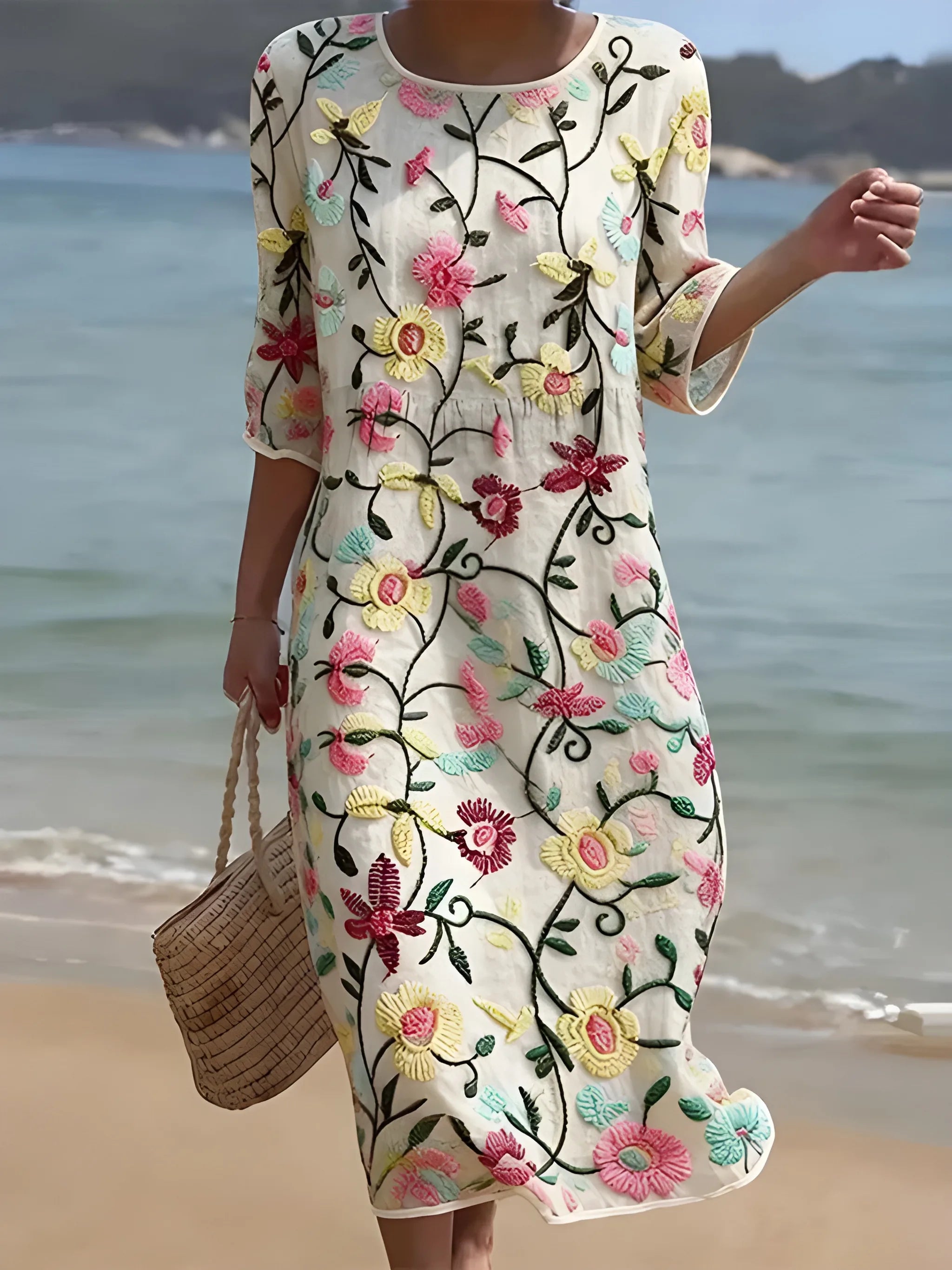 Women's Floral Embroidered Midi Summer Dress with Flowy Fit