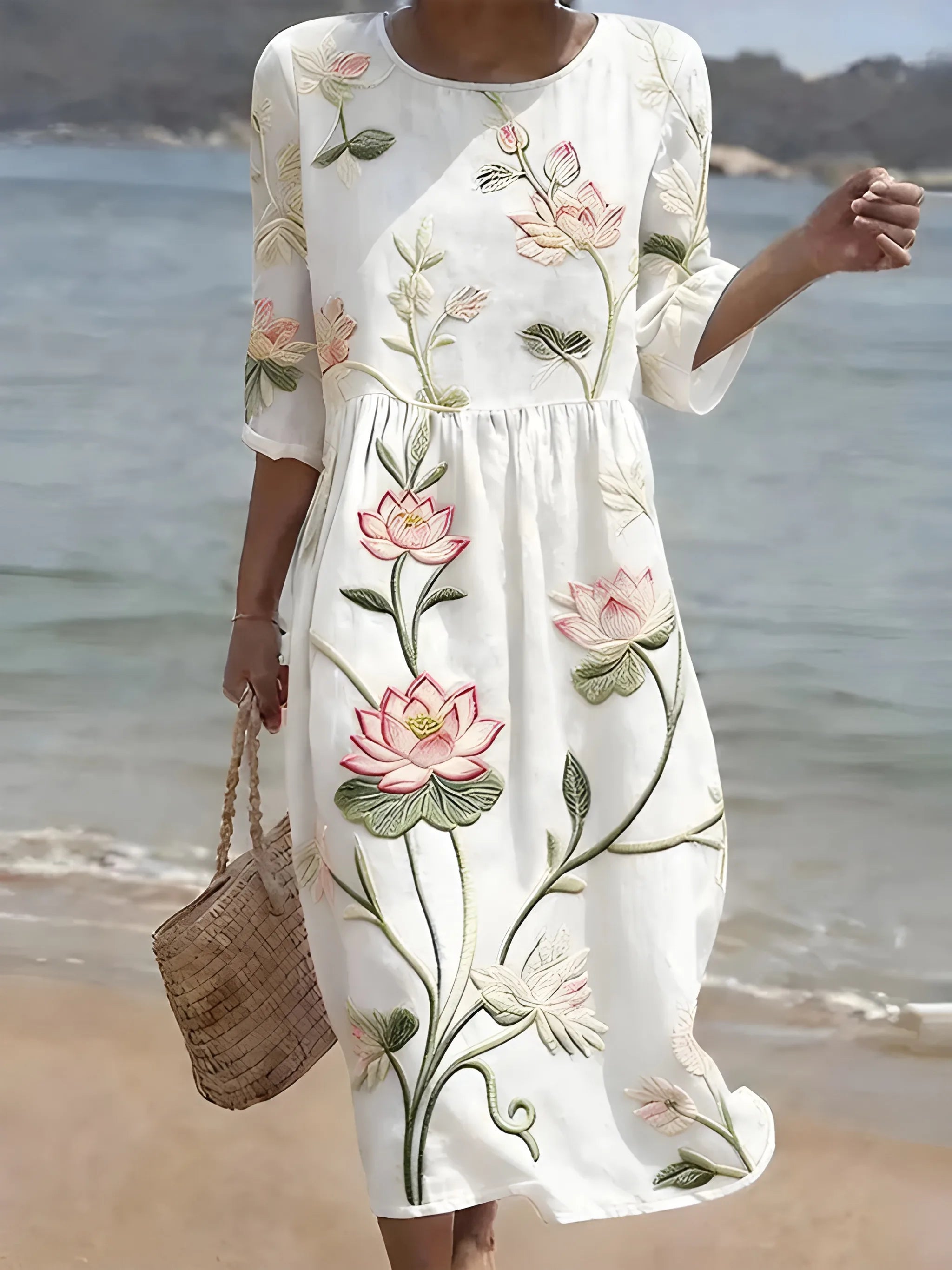 Women's Floral Embroidered Midi Summer Dress with Flowy Fit