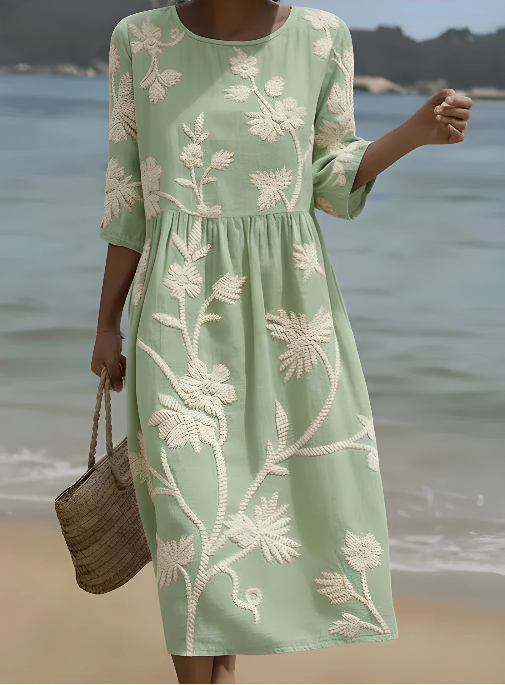 Women's Floral Embroidered Midi Summer Dress with Flowy Fit