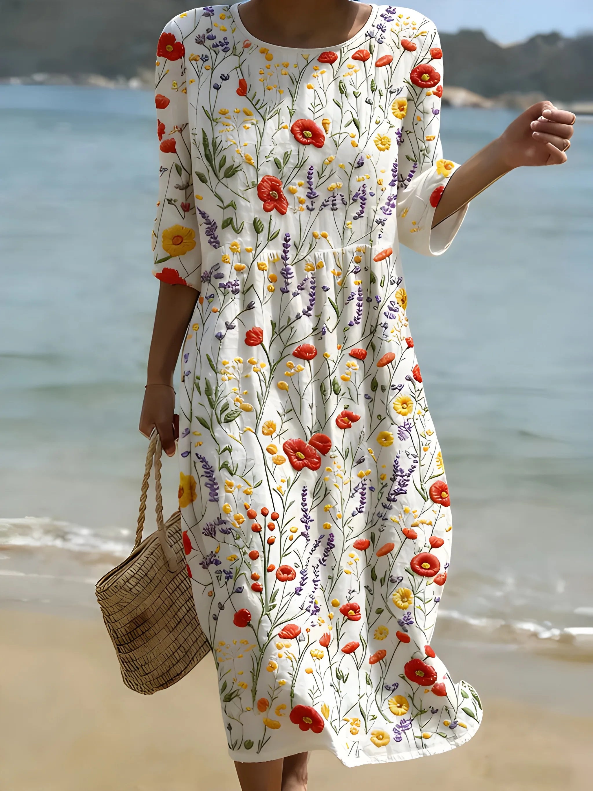 Women's Floral Boho Midi Summer Dress with Embroidered Details