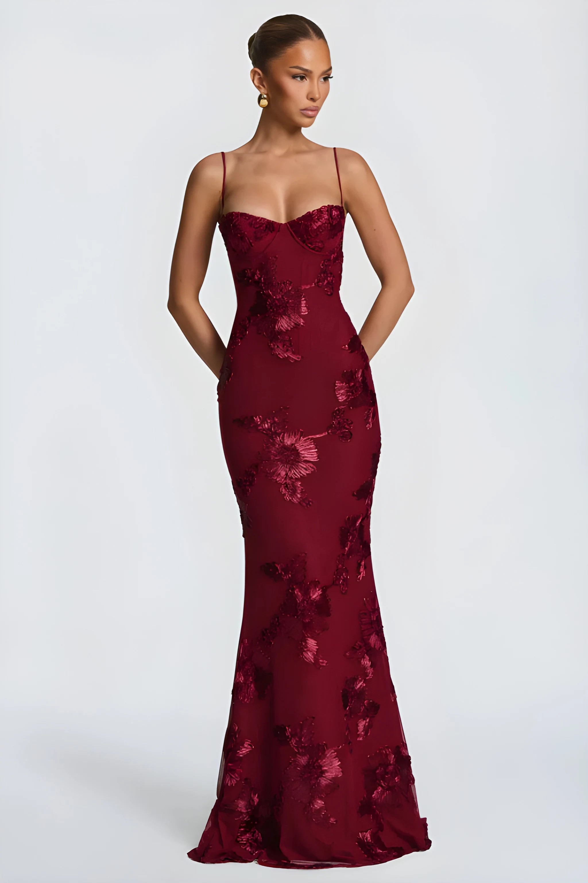Women's Formal Elegant Maxi Wedding Guest Dress with Embroidered Detailing