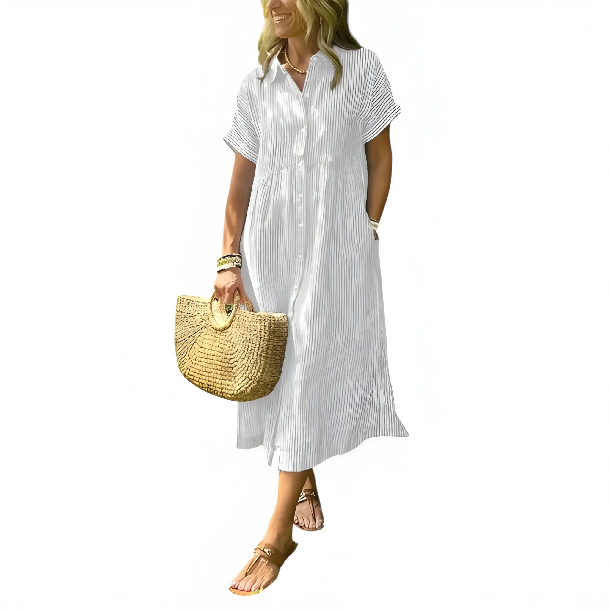 Women's Casual Flowy Midi Summer Dress with Short Sleeve and Button Front