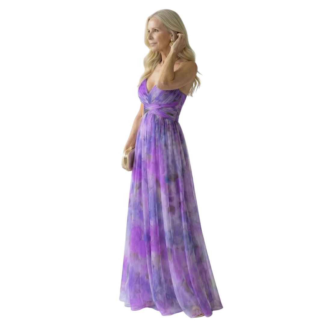 Women's Floral Maxi Wedding Guest Dress with Sweetheart Neckline and Tulle