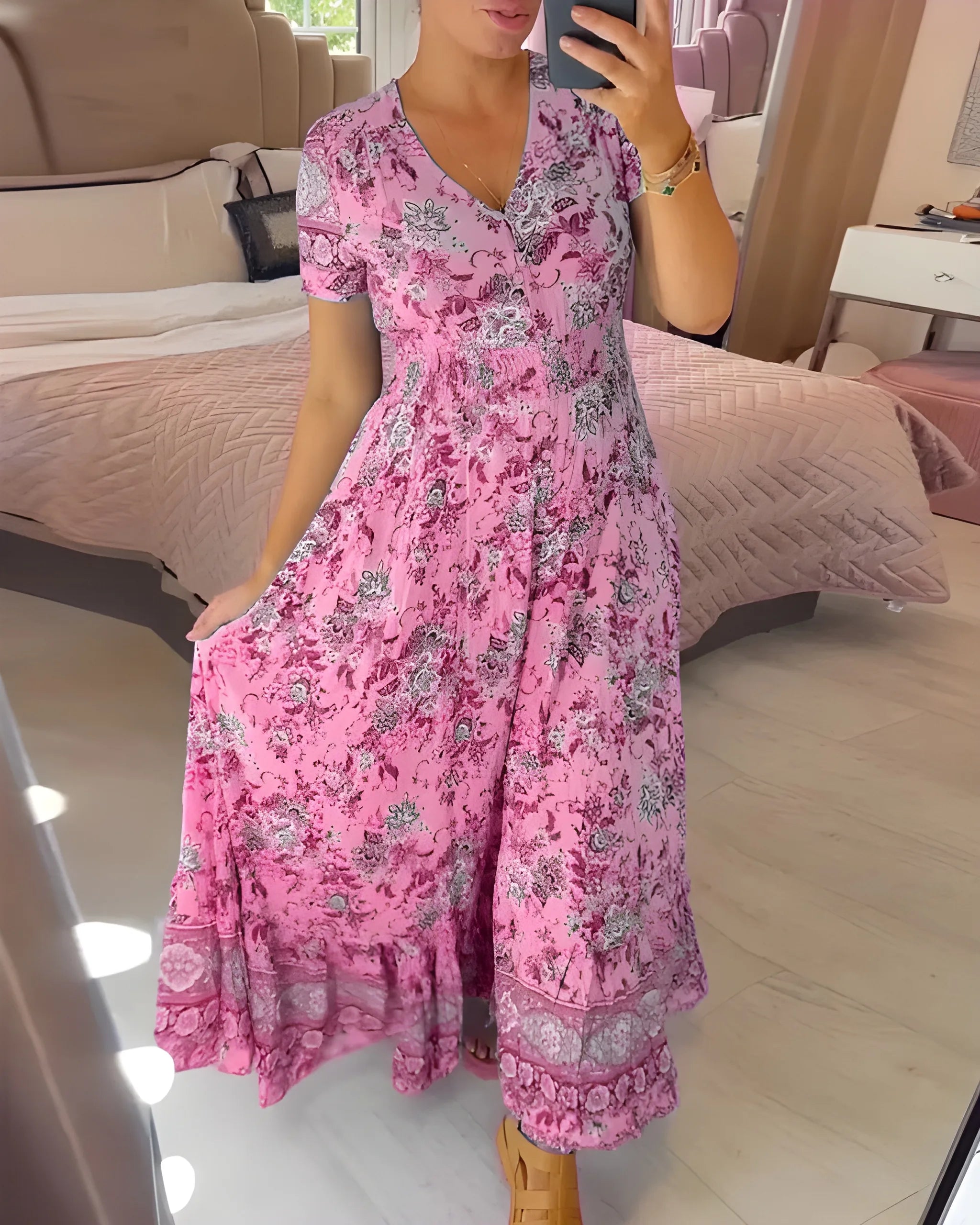Women's Floral Boho Maxi Summer Dress with Button Front