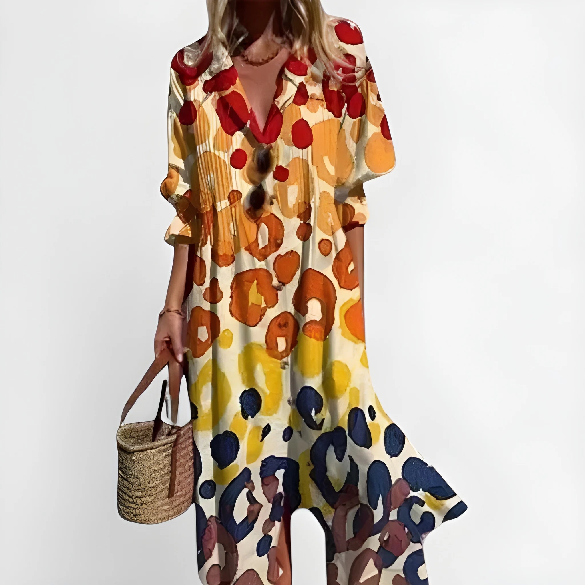 Women's Floral Boho Midi Summer Dress with Short Sleeve and Button