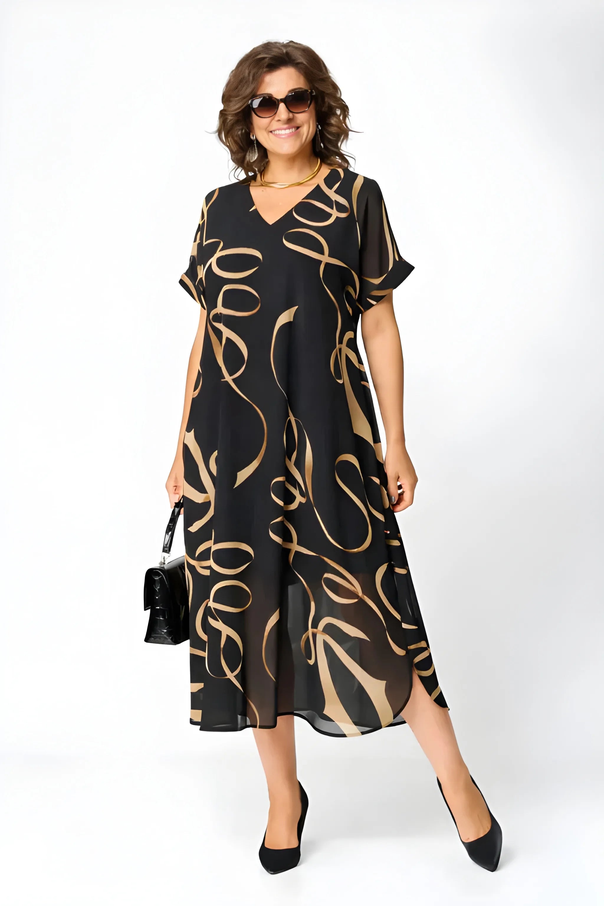 Women's Printed Flowy Midi Summer Dress with V-Neck