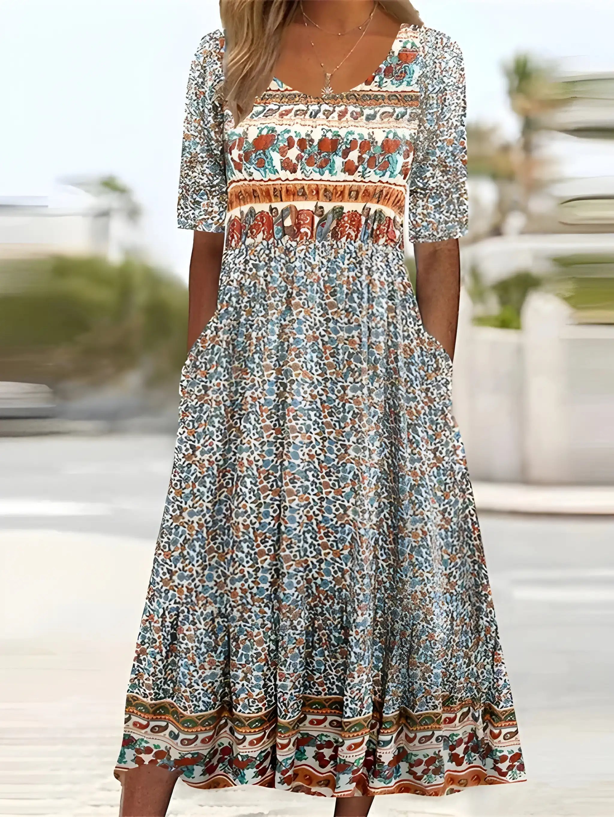 Women's Boho Midi Summer Dress with Square Neck and Tiered Skirt