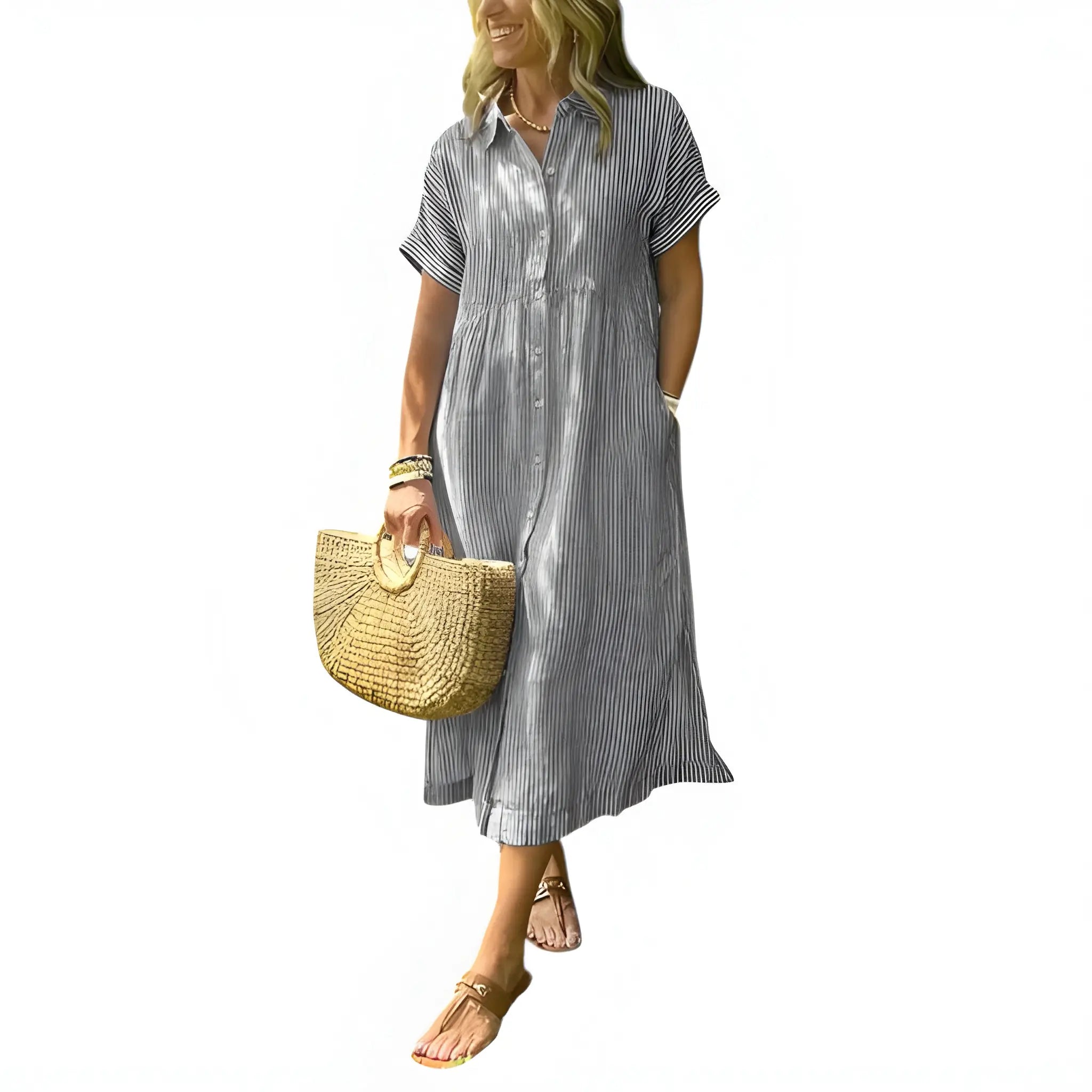 Women's Casual Flowy Midi Summer Dress with Short Sleeve and Button Front