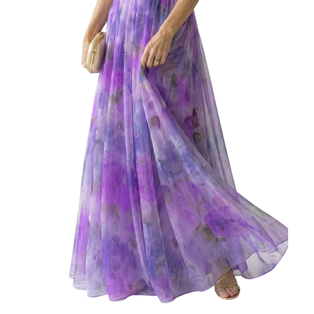 Women's Floral Maxi Wedding Guest Dress with Sweetheart Neckline and Tulle
