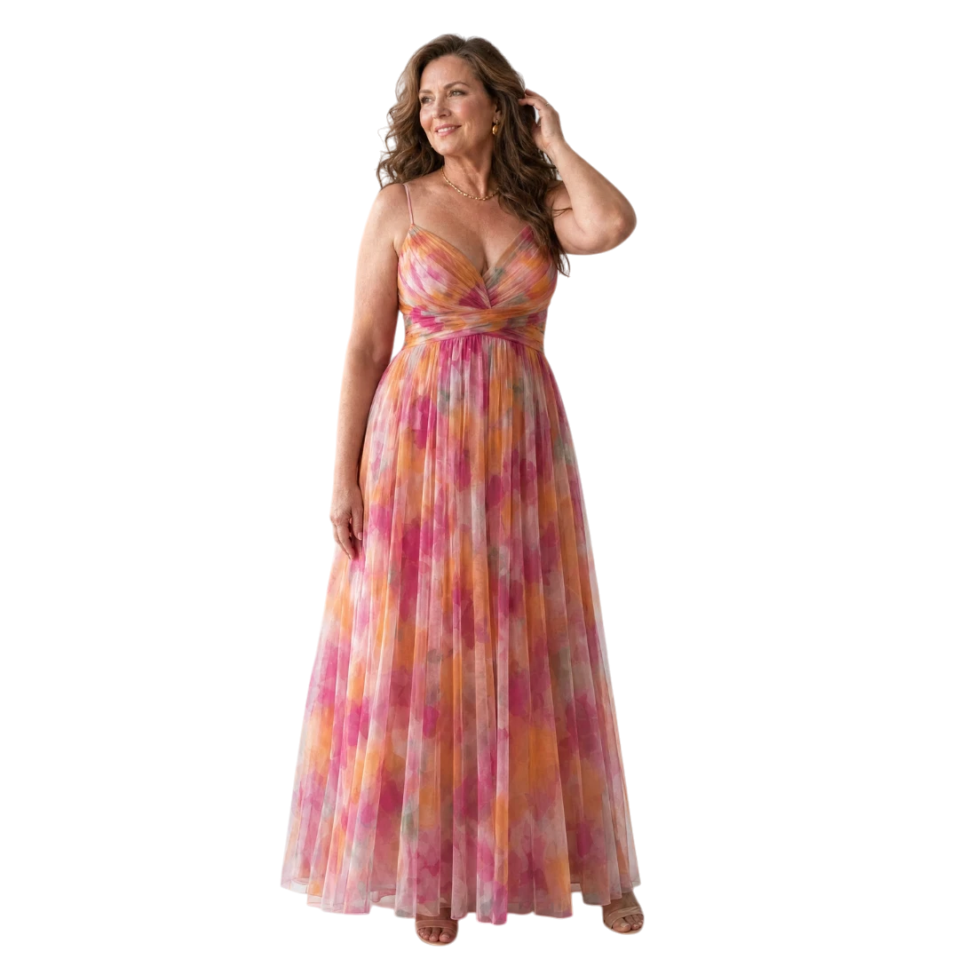 Women's Floral Maxi Wedding Guest Dress with Sweetheart Neckline and Tulle