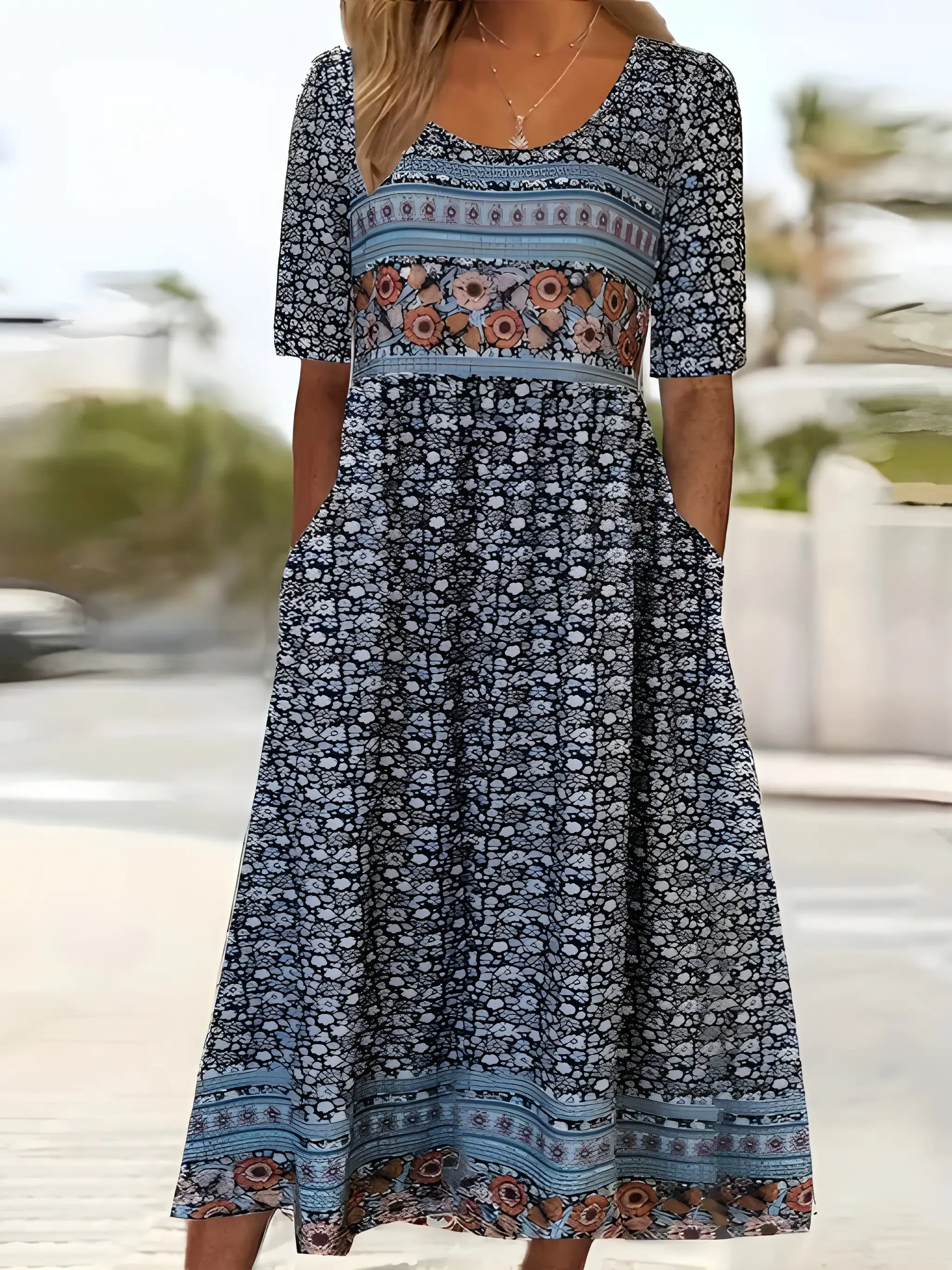 Women's Boho Midi Summer Dress with Square Neck and Tiered Skirt