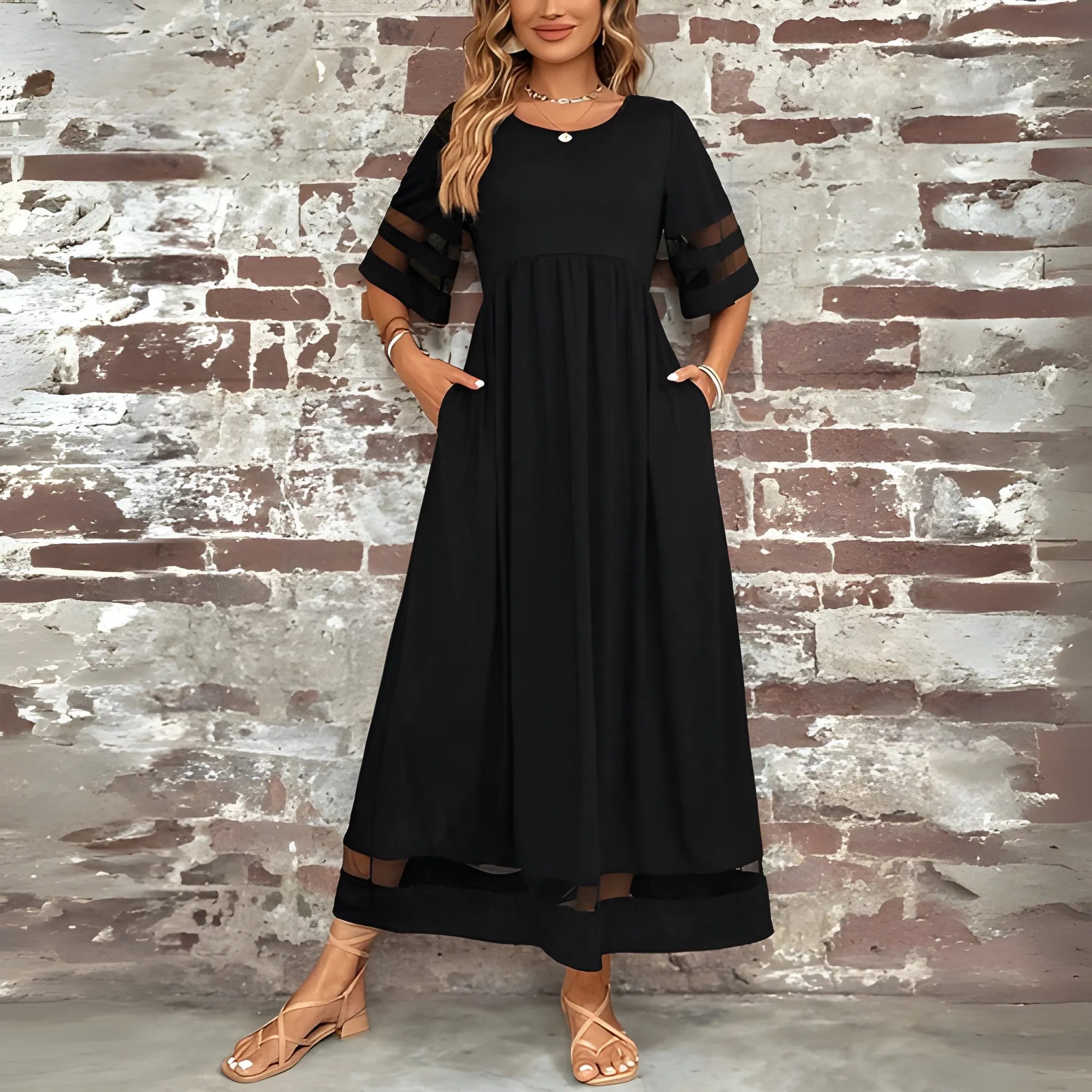 Women's Elegant Flowy Midi Summer Dress with Mesh Detail