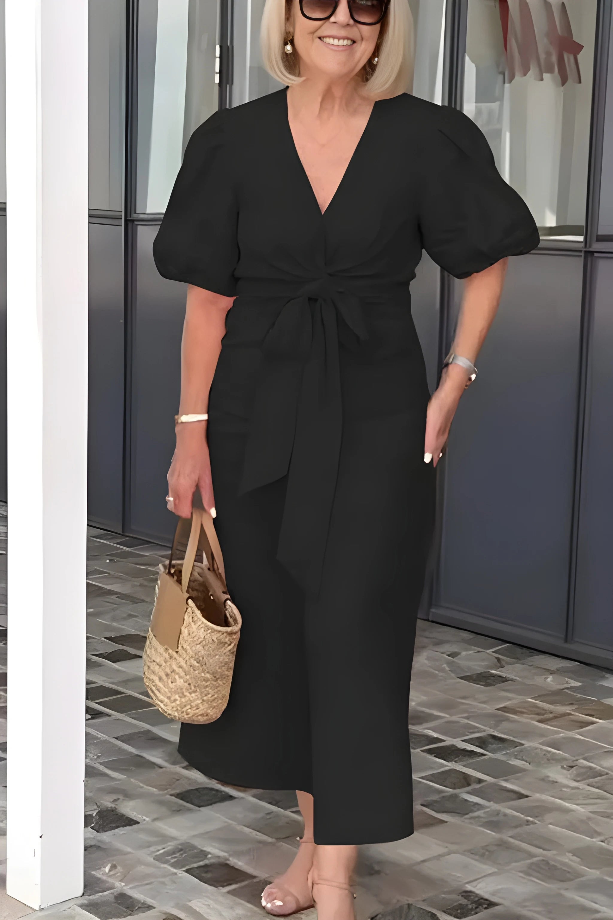 Women's Elegant Midi Summer Dress with Puff Sleeve