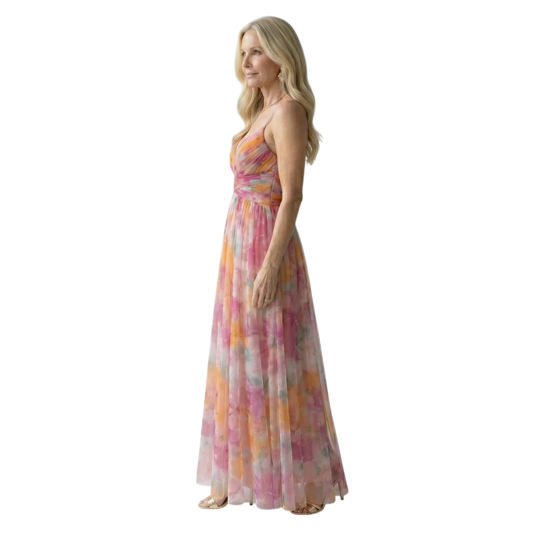 Women's Floral Maxi Wedding Guest Dress with Sweetheart Neckline and Tulle