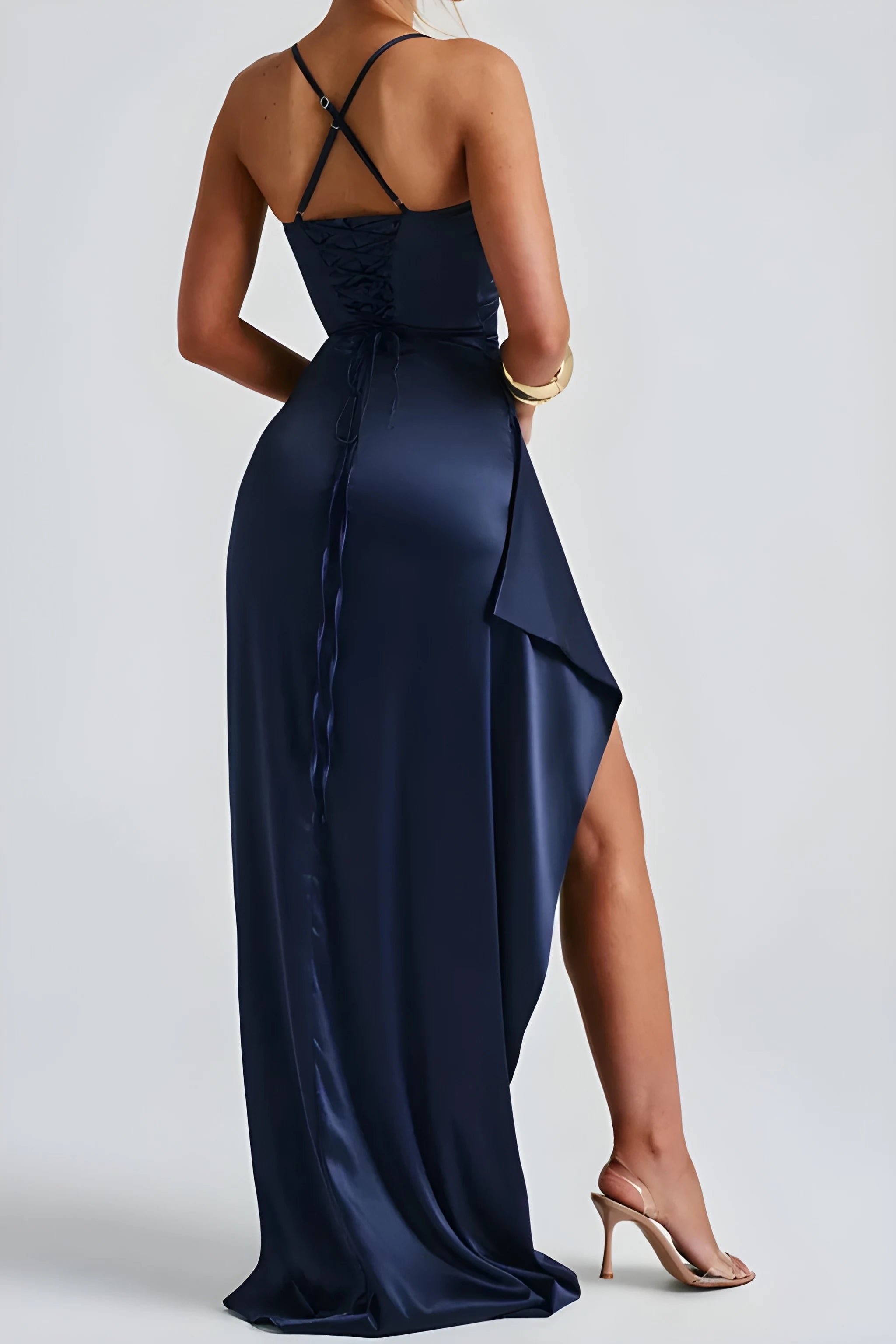Women's Elegant Ruched Maxi Wedding Guest Dress with Spaghetti Straps and High Slit