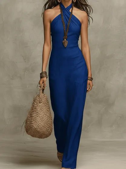 Women's Elegant Flowy Maxi Summer Dress with Halter Neck