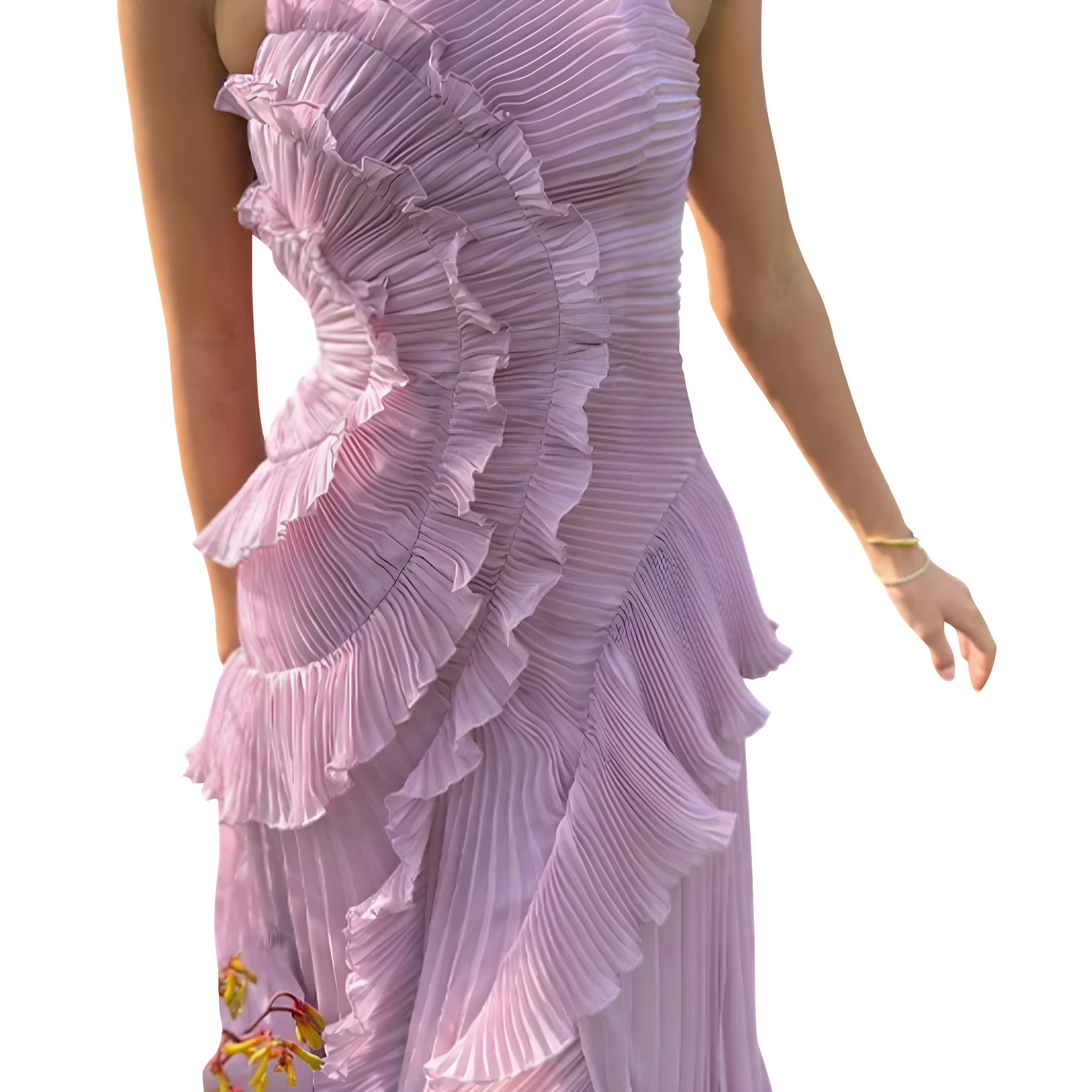 Women's Wedding Guest Maxi Dress with Halter Neckline and Pleated Ruffle