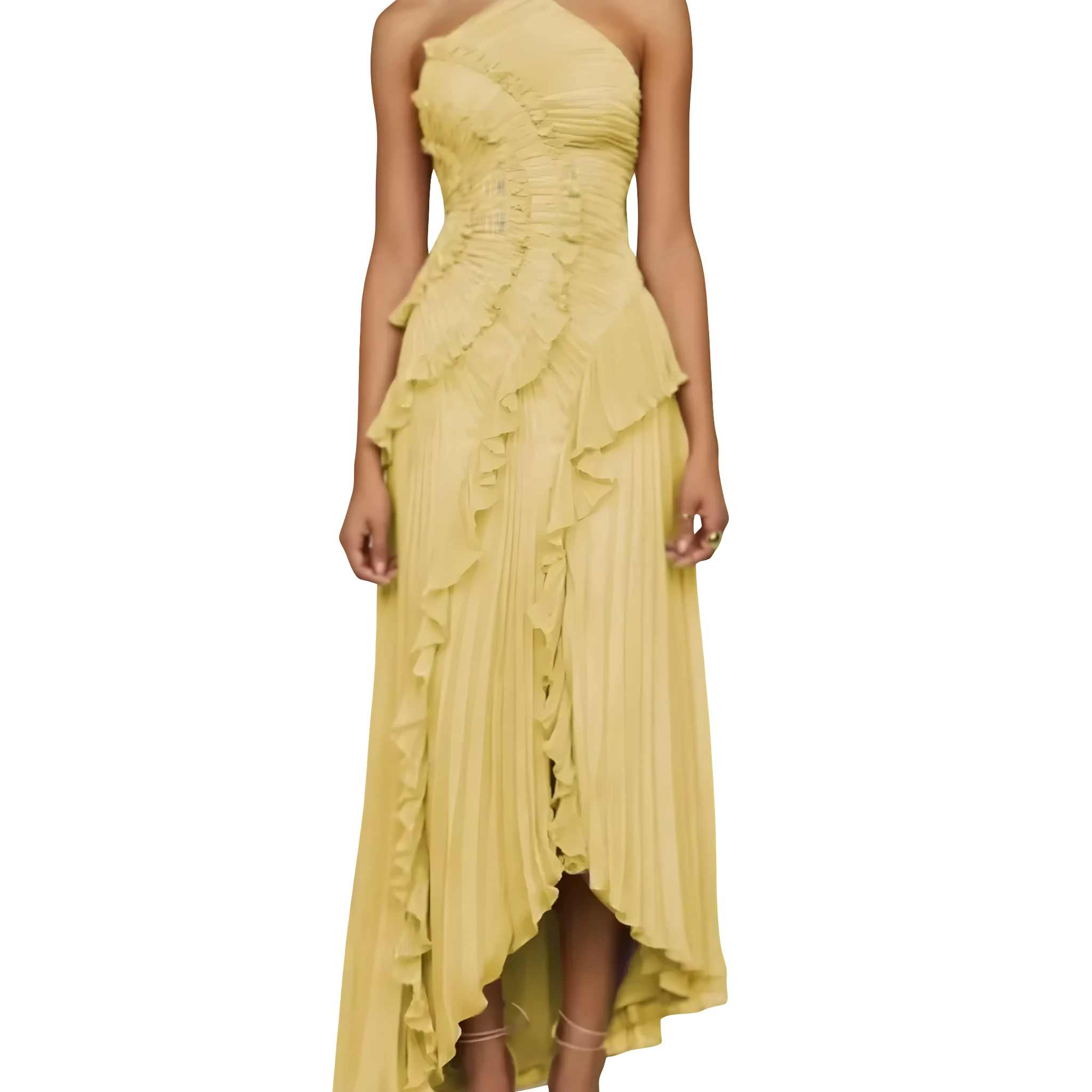 Women's Wedding Guest Maxi Dress with Halter Neckline and Pleated Ruffle
