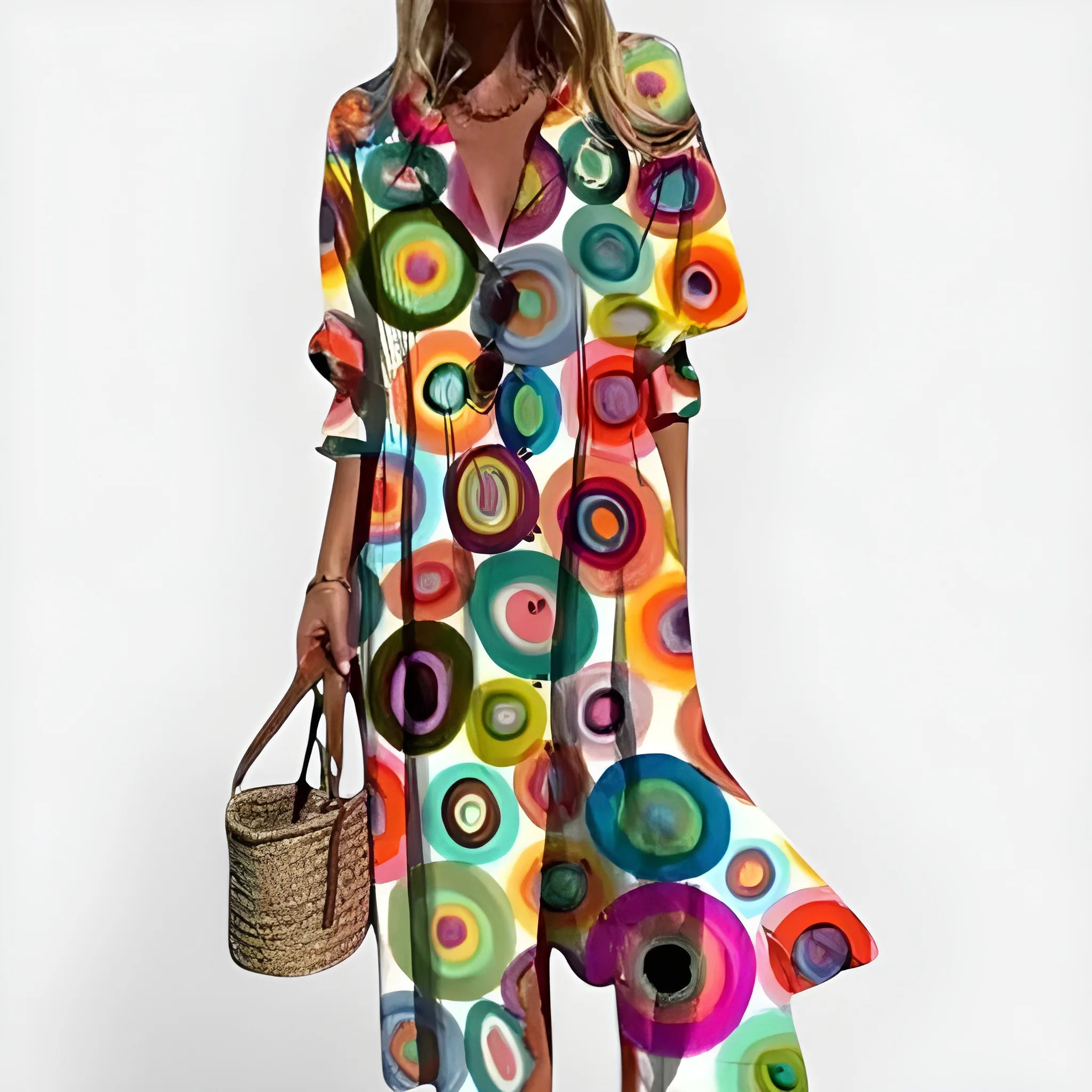 Women's Floral Boho Midi Summer Dress with Short Sleeve and Button