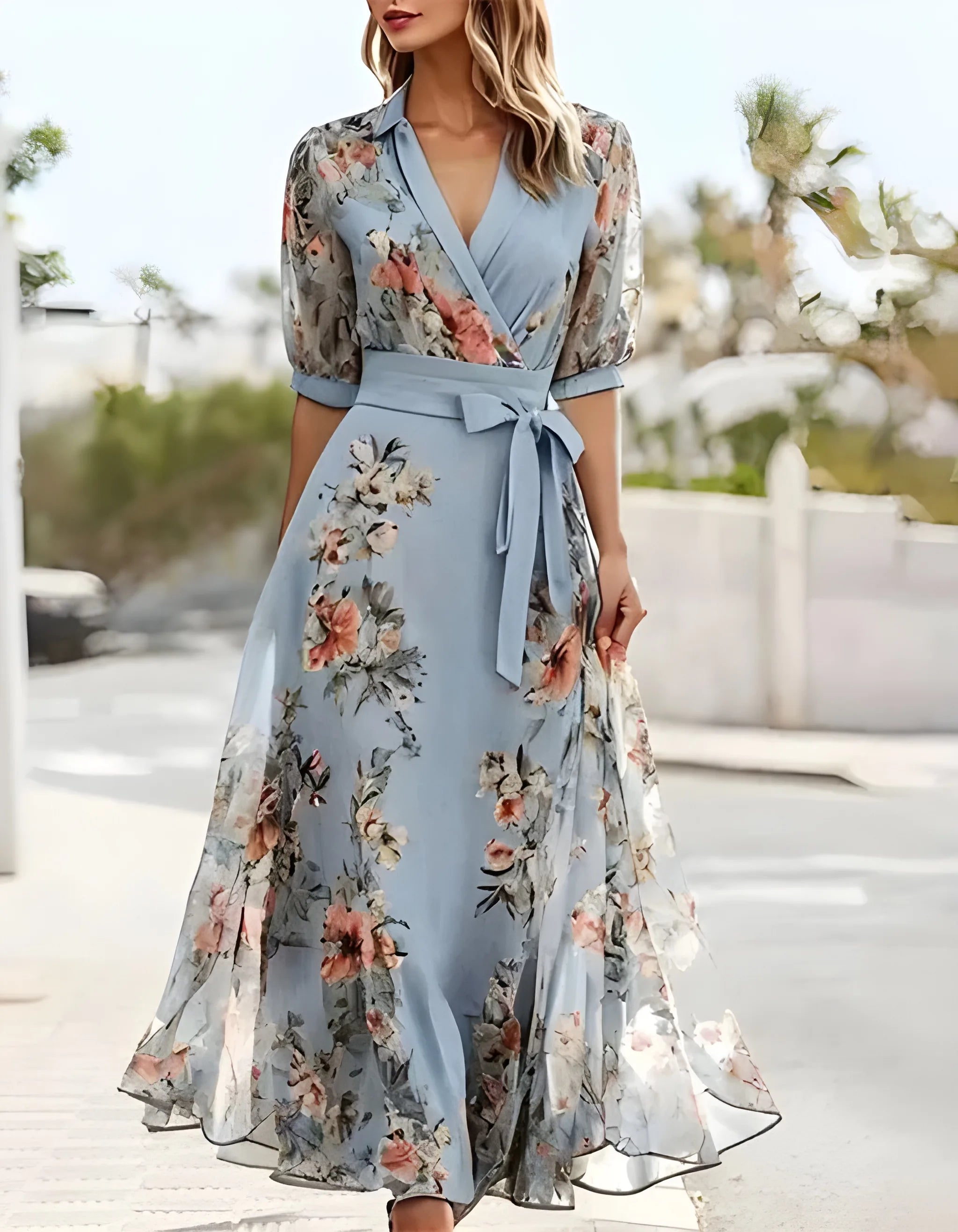 Women's Floral Elegant Midi Summer Dress with V-Neck