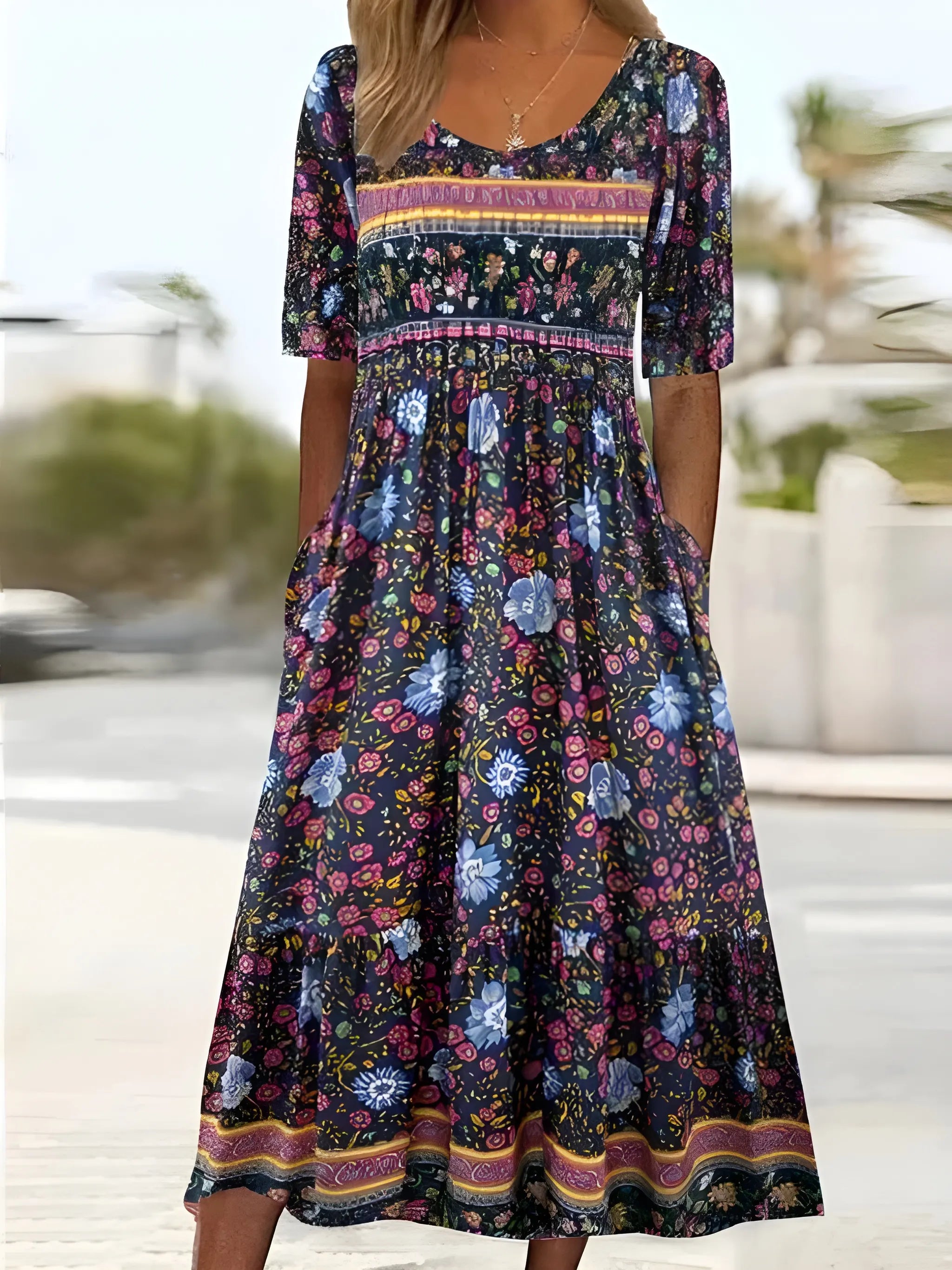 Women's Boho Midi Summer Dress with Square Neck and Tiered Skirt