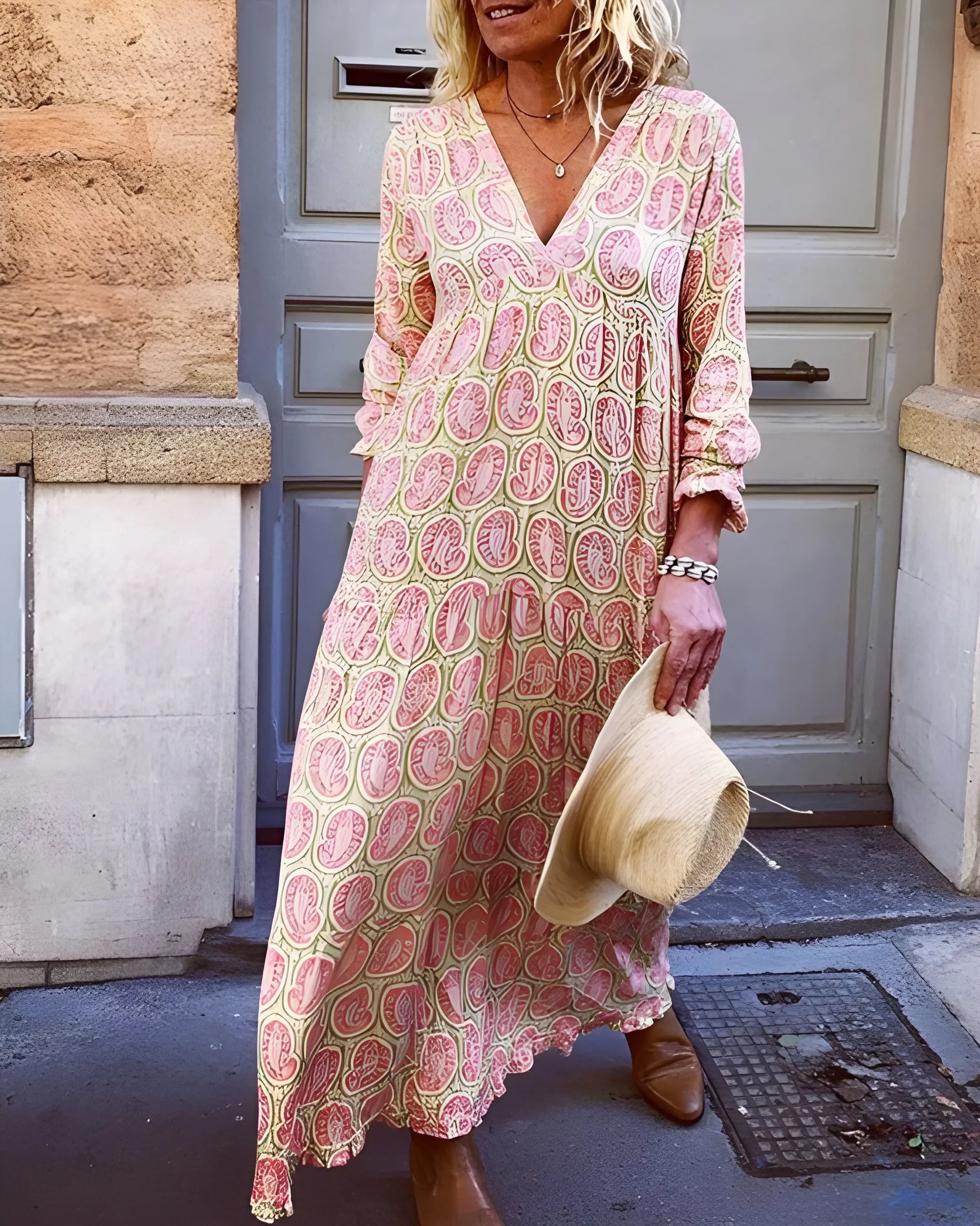 Women's Printed Flowy Maxi Summer Dress with V-Neck