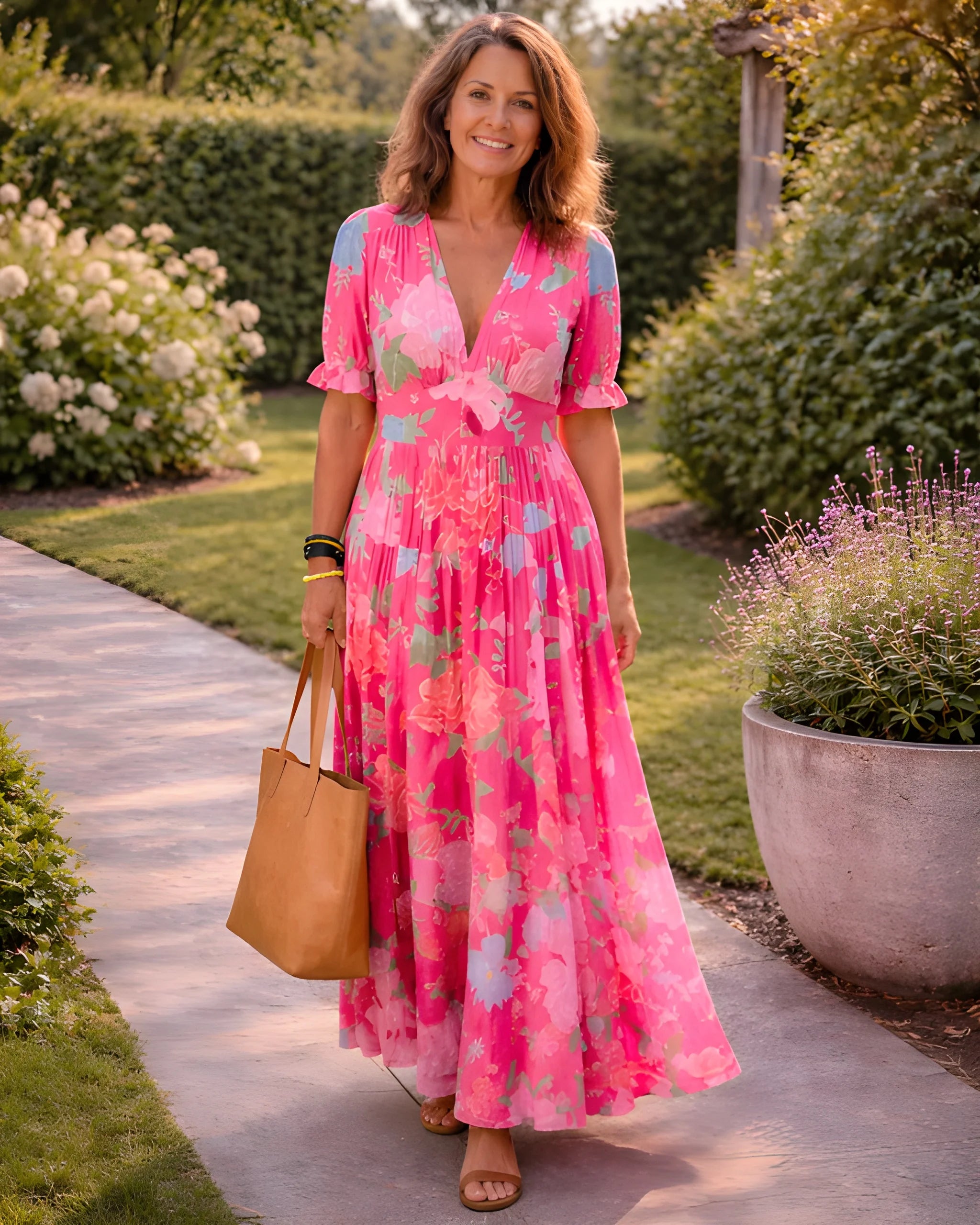 Women's Floral Boho Maxi Summer Dress with Short Sleeves