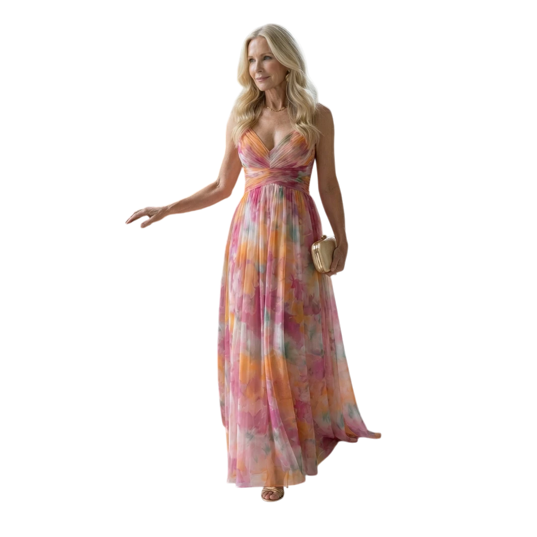 Women's Floral Maxi Wedding Guest Dress with Sweetheart Neckline and Tulle