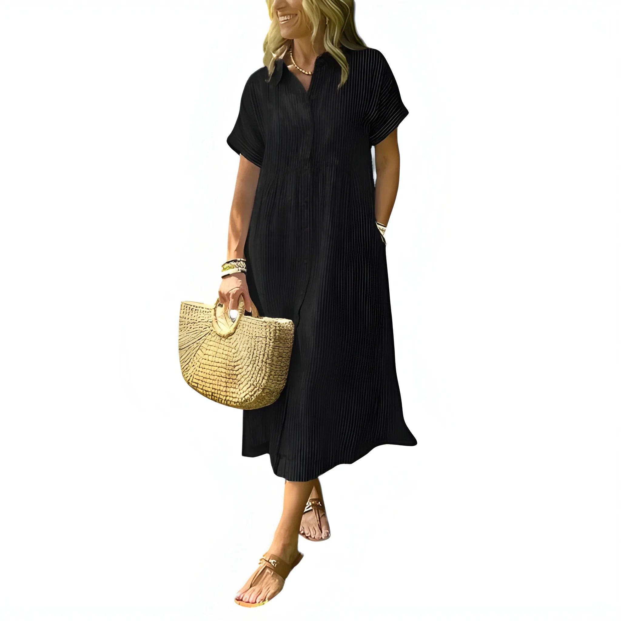 Women's Casual Flowy Midi Summer Dress with Short Sleeve and Button Front