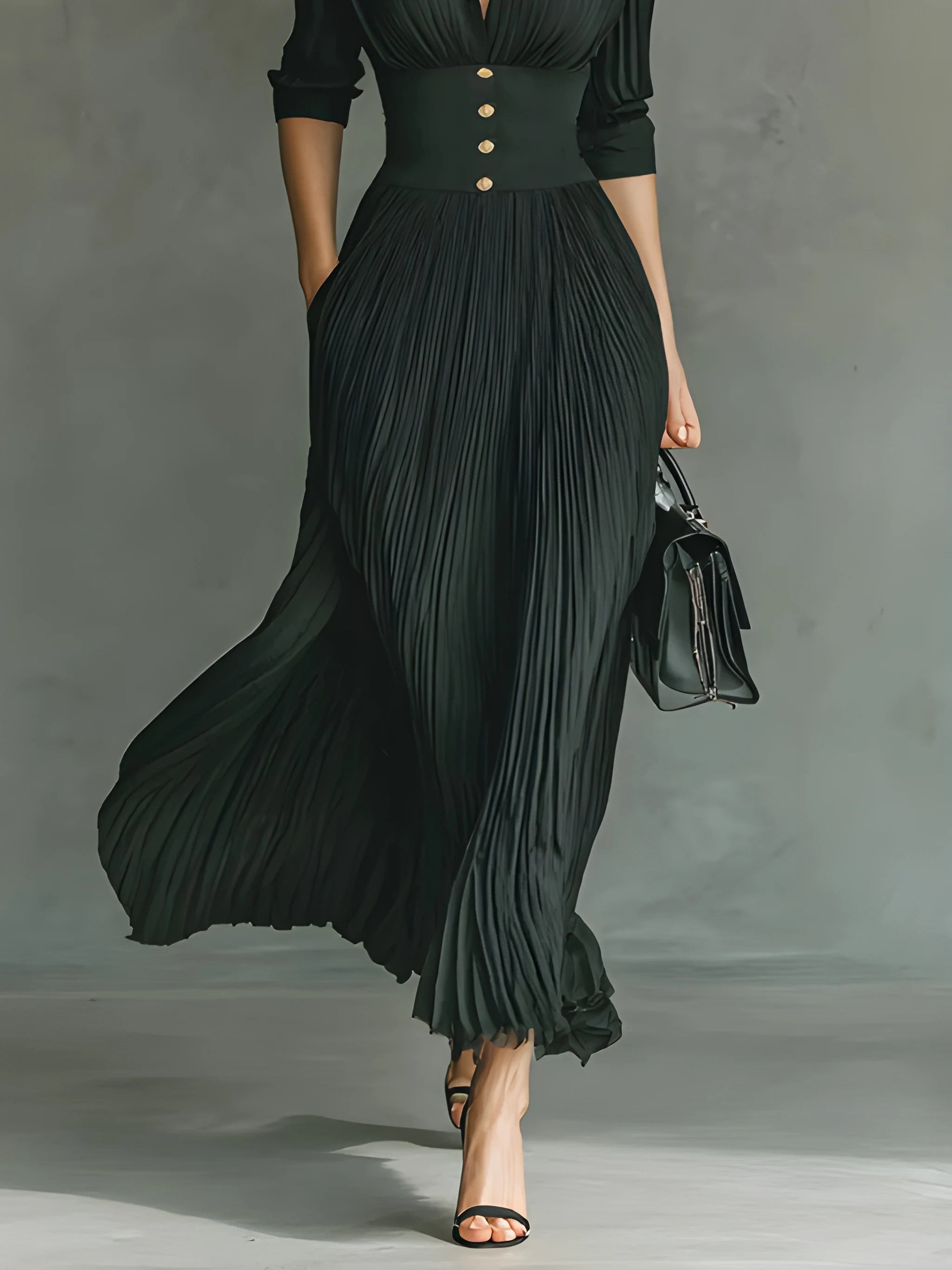 Women's Casual Elegant Maxi Summer Dress with Pleated Skirt and Long Sleeve