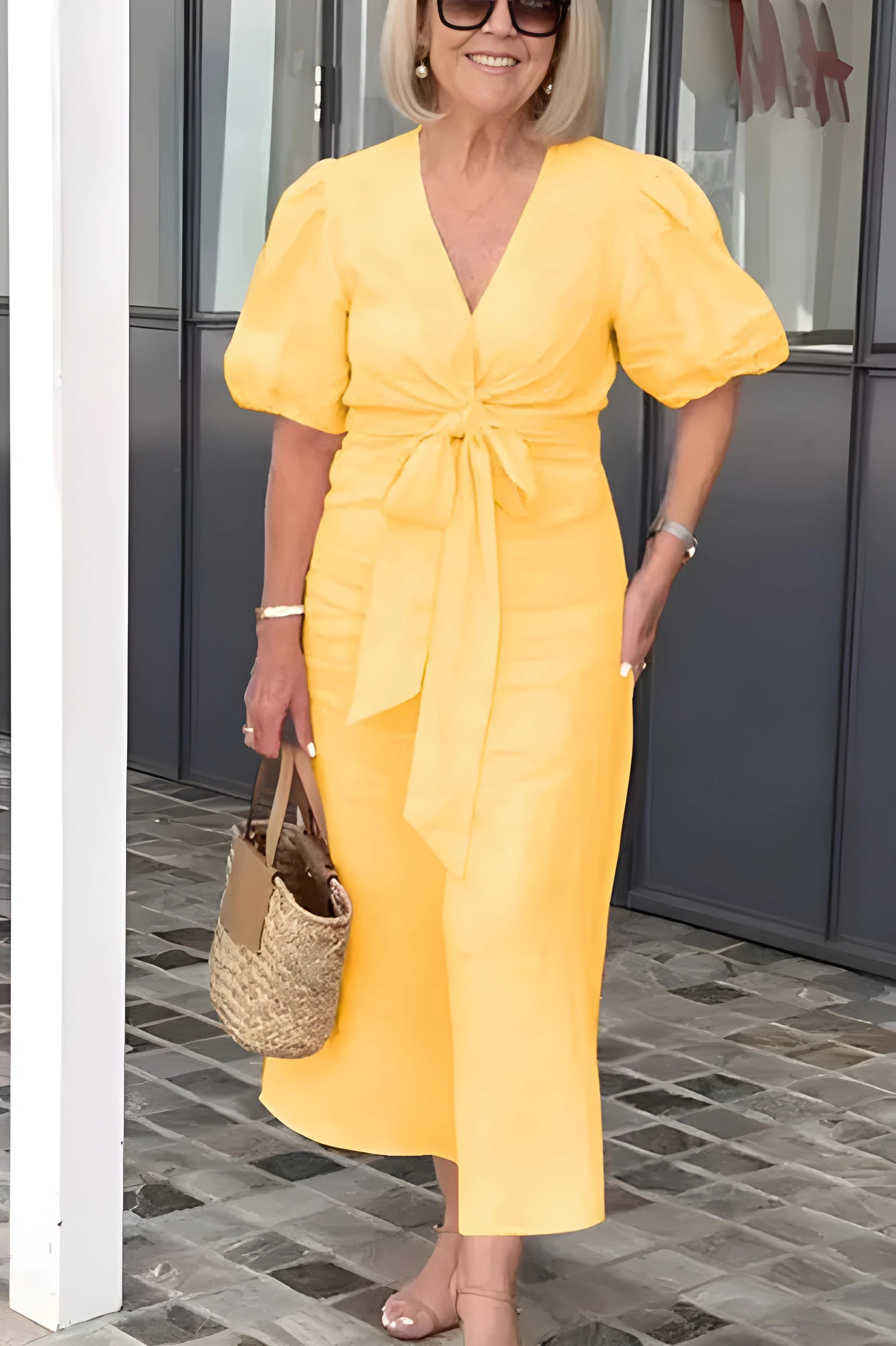 Women's Elegant Midi Summer Dress with Puff Sleeve
