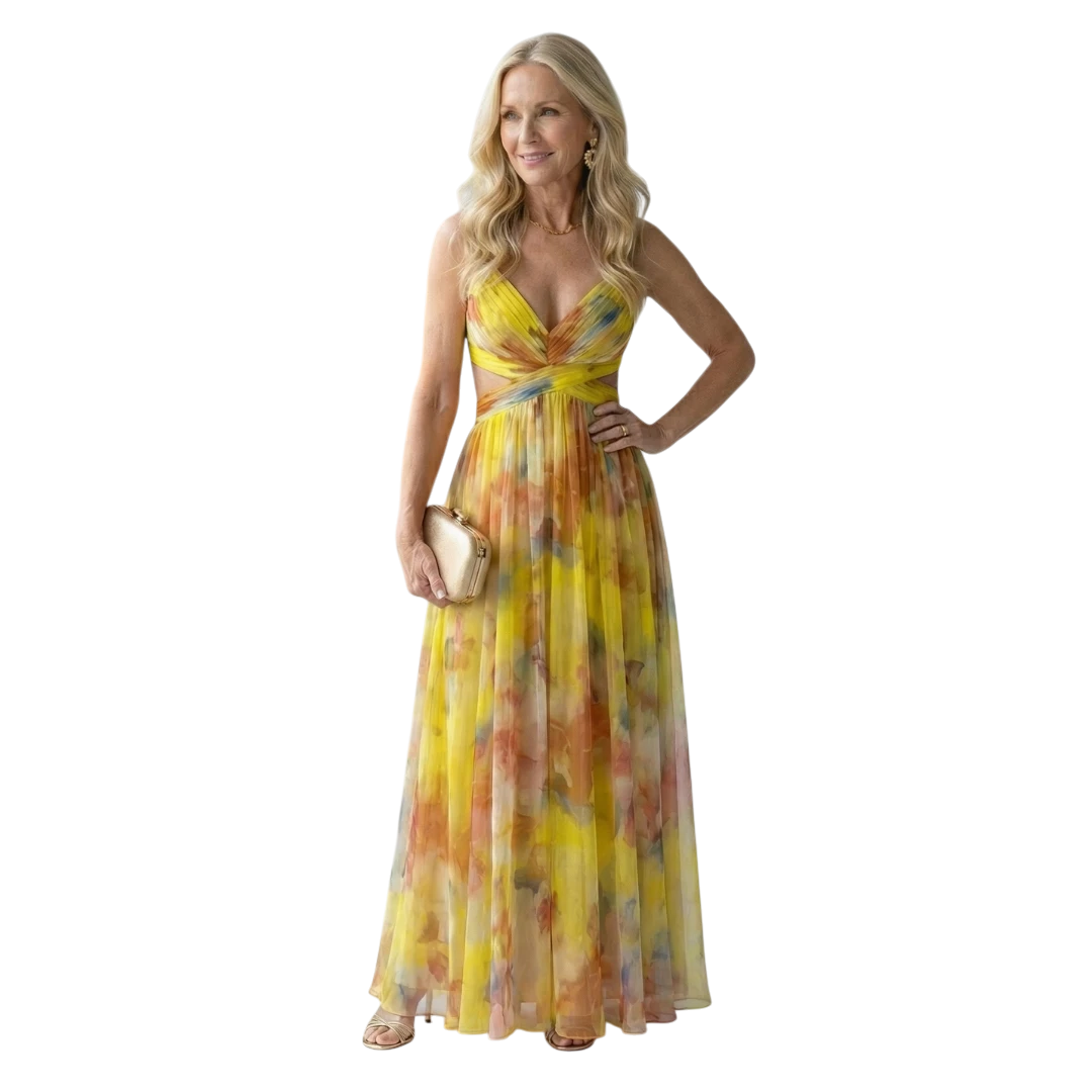 Women's Floral Maxi Wedding Guest Dress with Sweetheart Neckline and Tulle