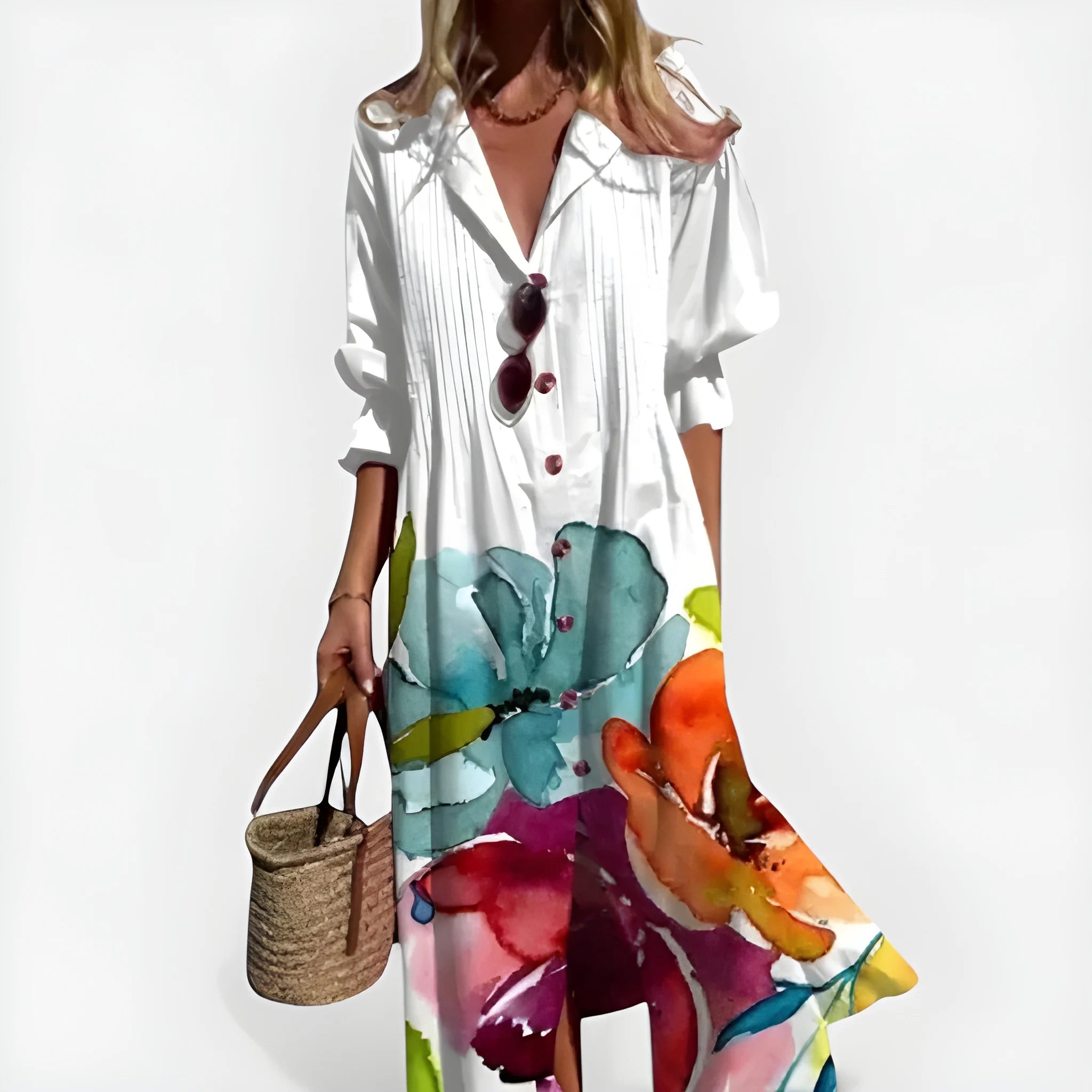 Women's Floral Boho Midi Summer Dress with Short Sleeve and Button