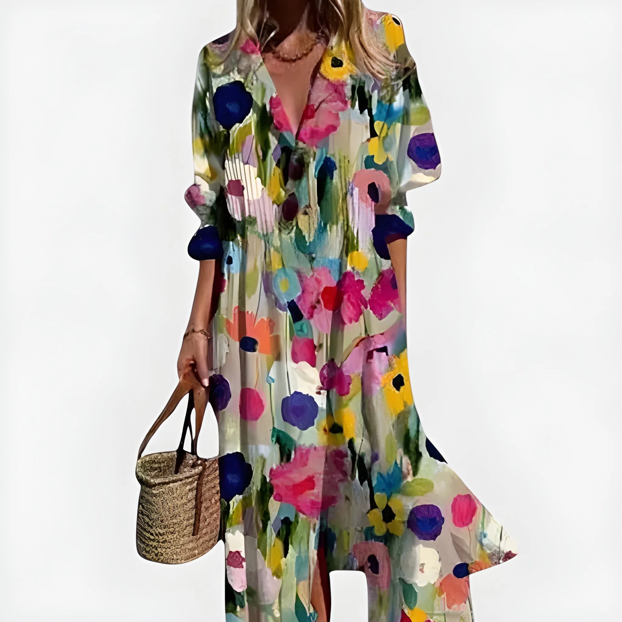 Women's Floral Boho Midi Summer Dress with Short Sleeve and Button