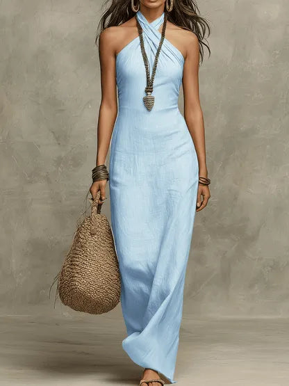 Women's Elegant Flowy Maxi Summer Dress with Halter Neck
