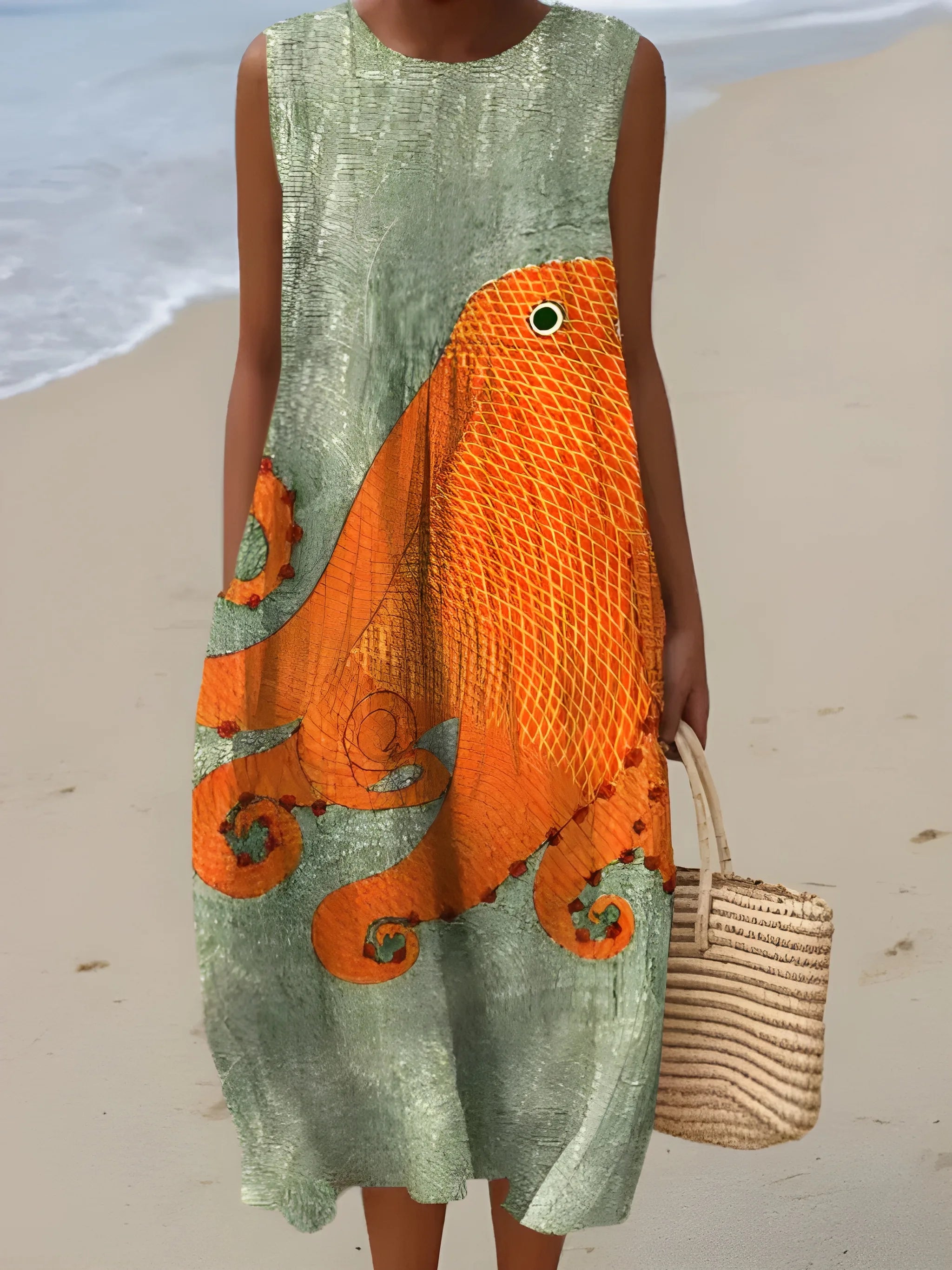 Women's Printed Casual Midi Summer Dress with Round Neck