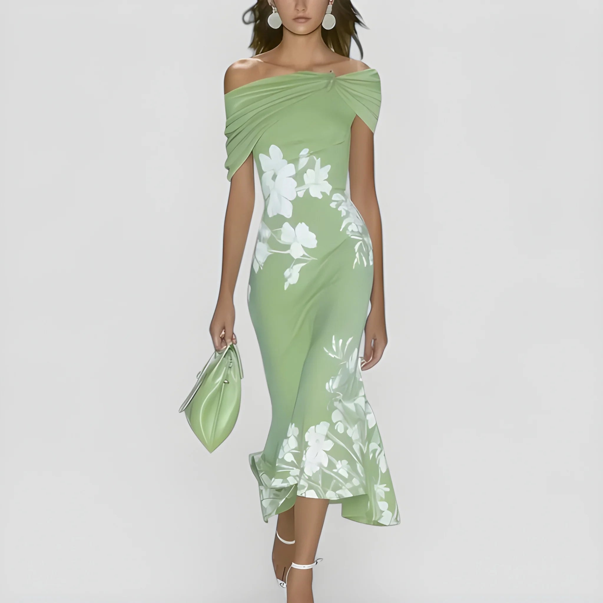 Women's Elegant Floral Midi Cocktail Dress with Off Shoulder and Ruffle