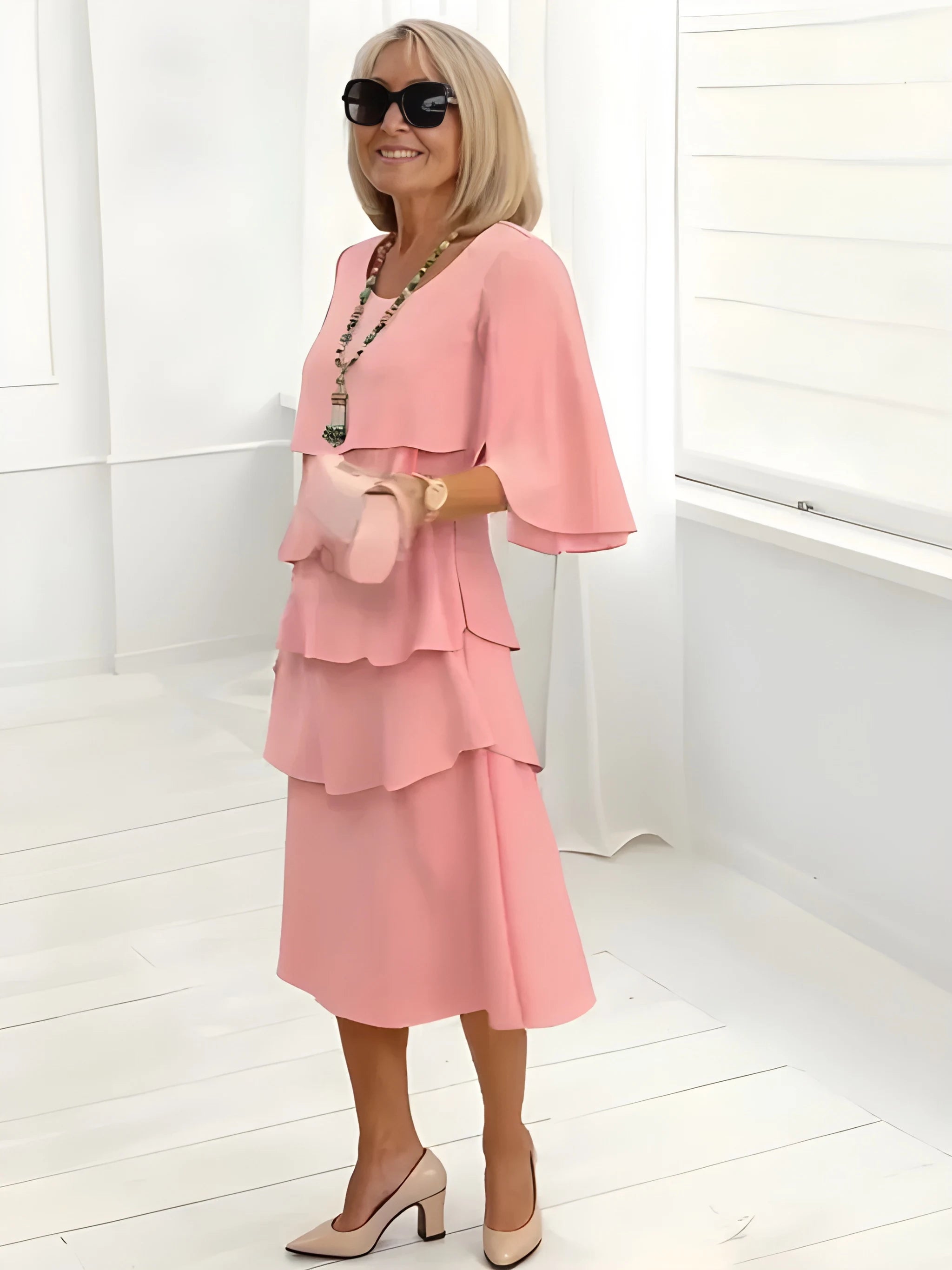 Women's Elegant Ruffle Midi Summer Dress with Split Sleeves