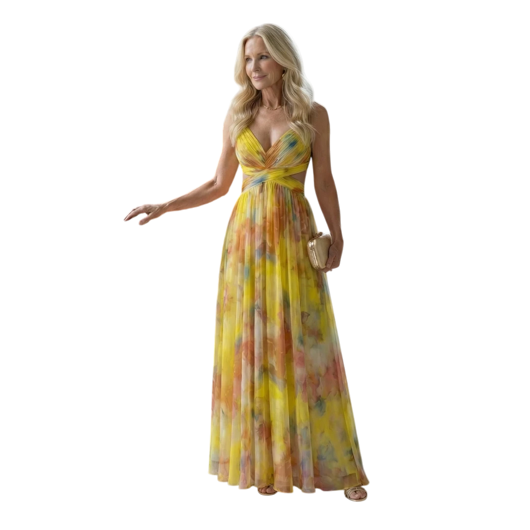 Women's Floral Maxi Wedding Guest Dress with Sweetheart Neckline and Tulle
