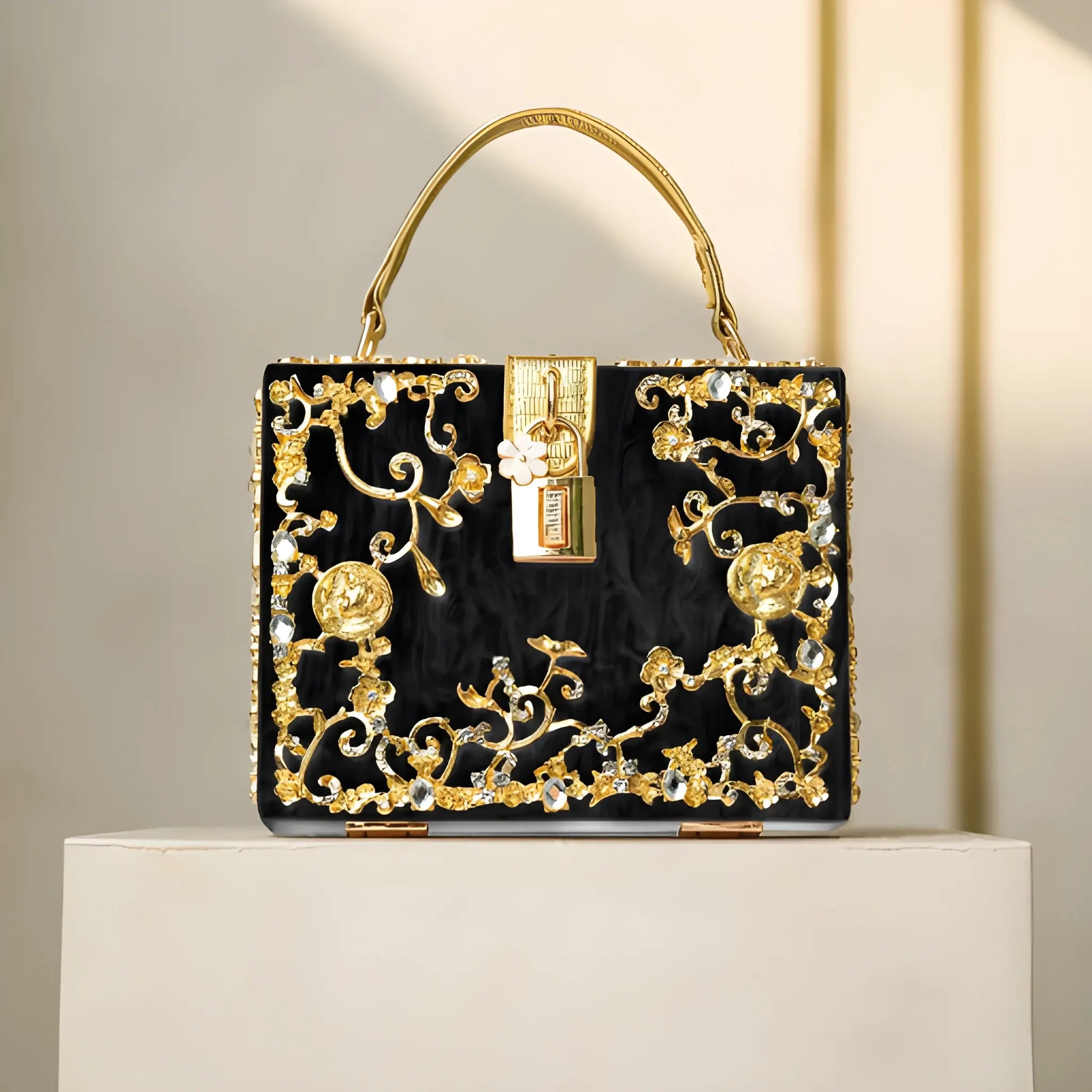 Women's Structured Hand Bag with Floral Embellishments and Top Handle